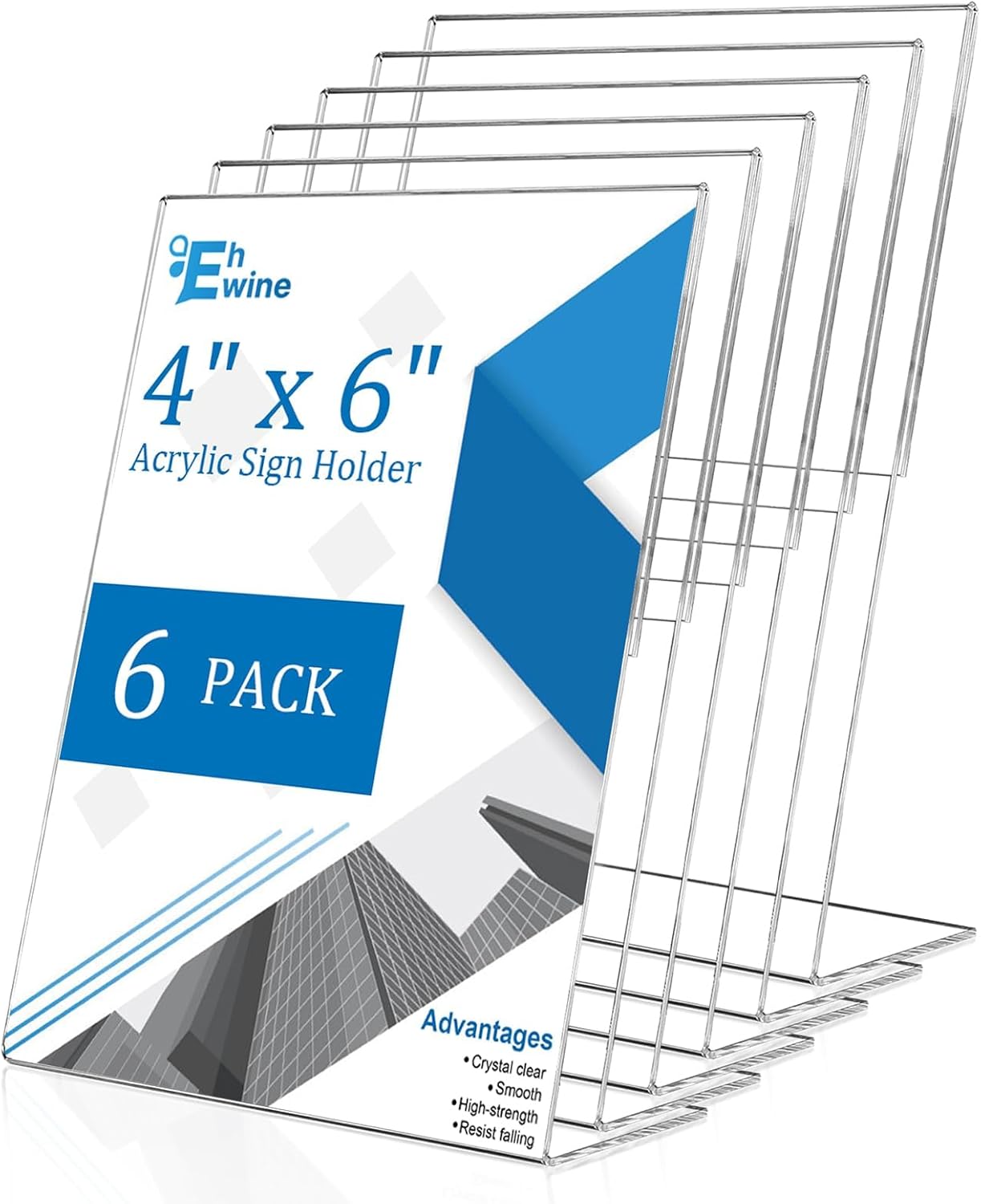 ehwine 6 pack 4 x 6 acrylic sign holder, clear plastic signs display stand, vertical slanted back paper holder stand up table top sign holders flyer stand frames suitable for office business store