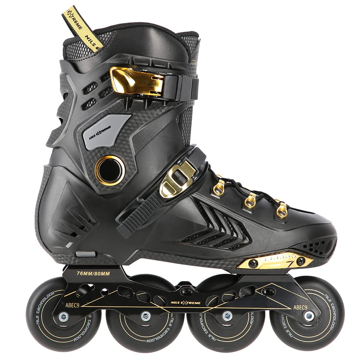 Nils Extreme Rollers pour homme et femme - Rollers en ligne - Roulements ABEC9 - Rollers adultes - Roulettes 85A - Rollers - Noir et or - NA20002