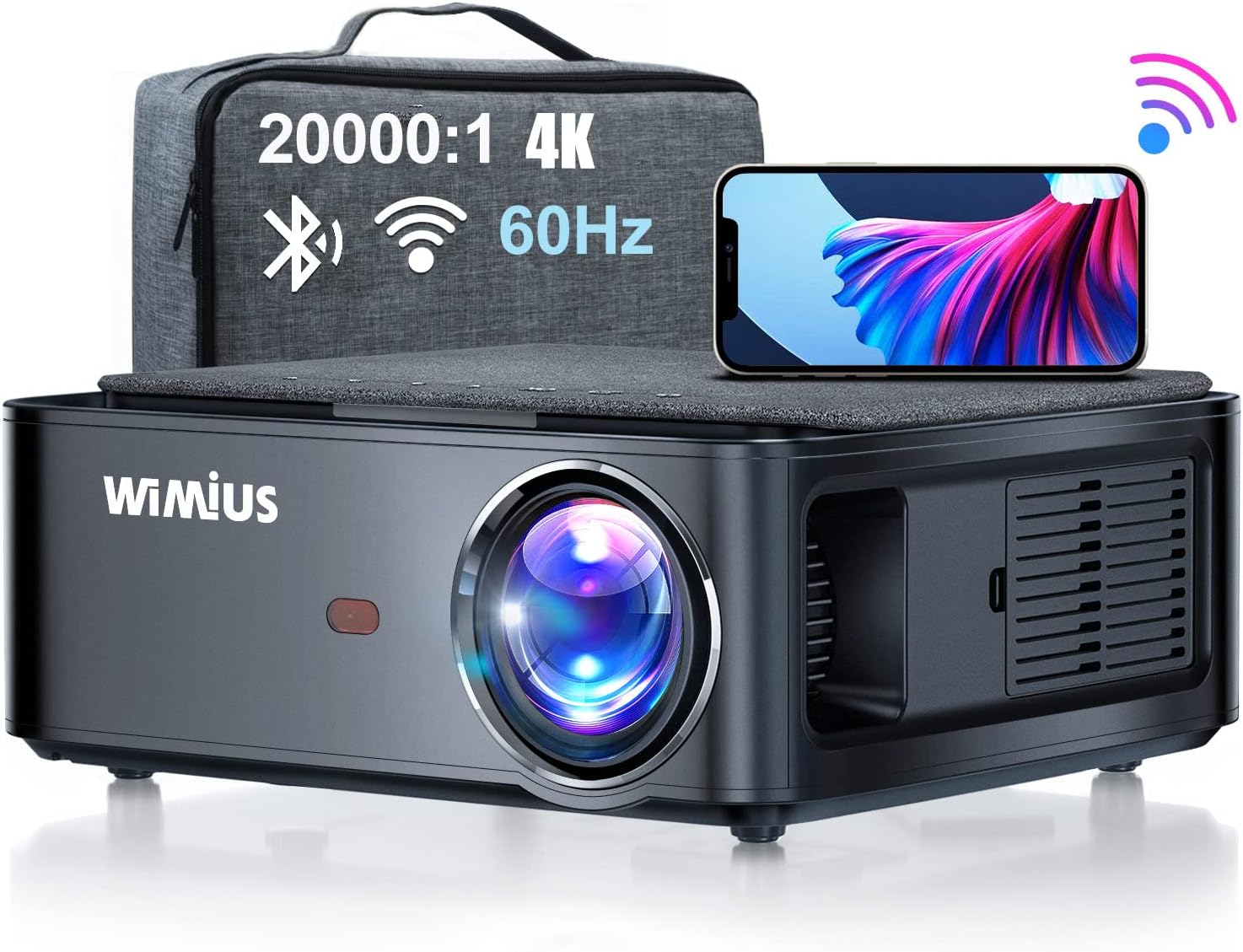 WiMiUS K1 Projector with carrying bag and smartphone
