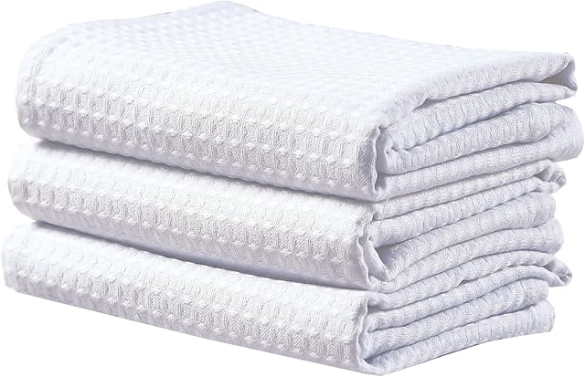 Bronwen Mathews® Extra Large Tea Towel Pack of 3 Towels Set 50 X 70CM Cotton Bar Teatowels Sets Kitchen Waffle weave Glass Cleaning Dish Cloths Catering Linen White(Waffle, pack of 3)
