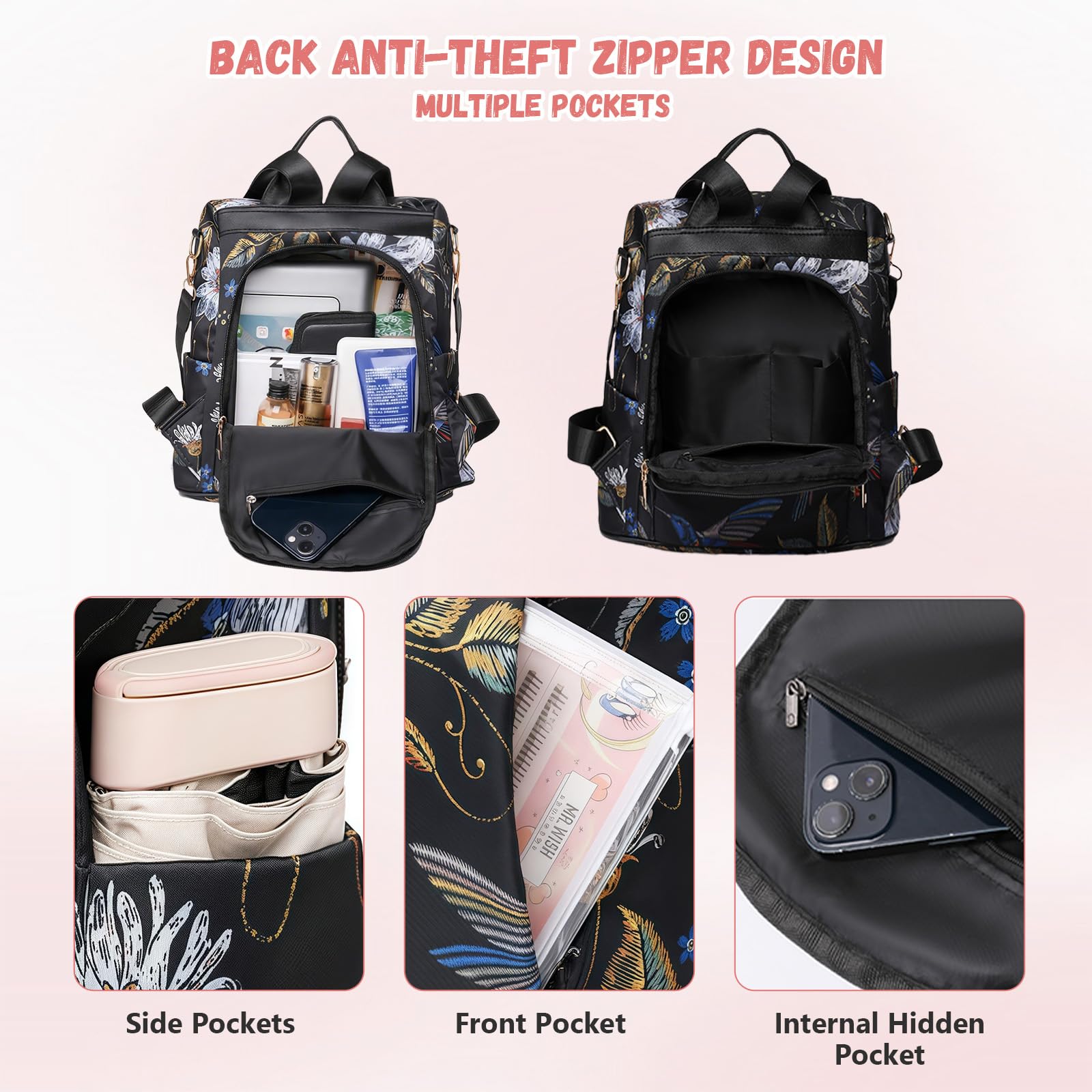Aucuu Sac à Dos Femme Antivol, Mini Sac a Main Femme, Petit Sacs Bandoulière, DéContracté Sac de Voyage en Nylon, LéGer Sac Dos de Ville pour Voyages, Travail, Shopping, Loisirs