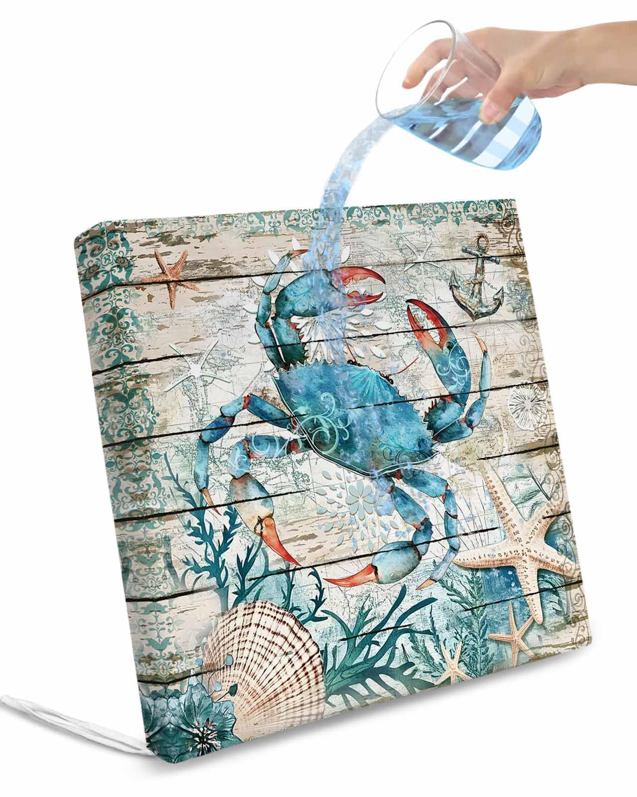 2 Pack Teal Crab Coastal Waterproof Cushion Covers with Ties, Outdoor Patio Chaise Lounge Chair Seat Cushion Slip Covers Replacement(Only Cover) Summer Beach Nautical Starfish Retro 22