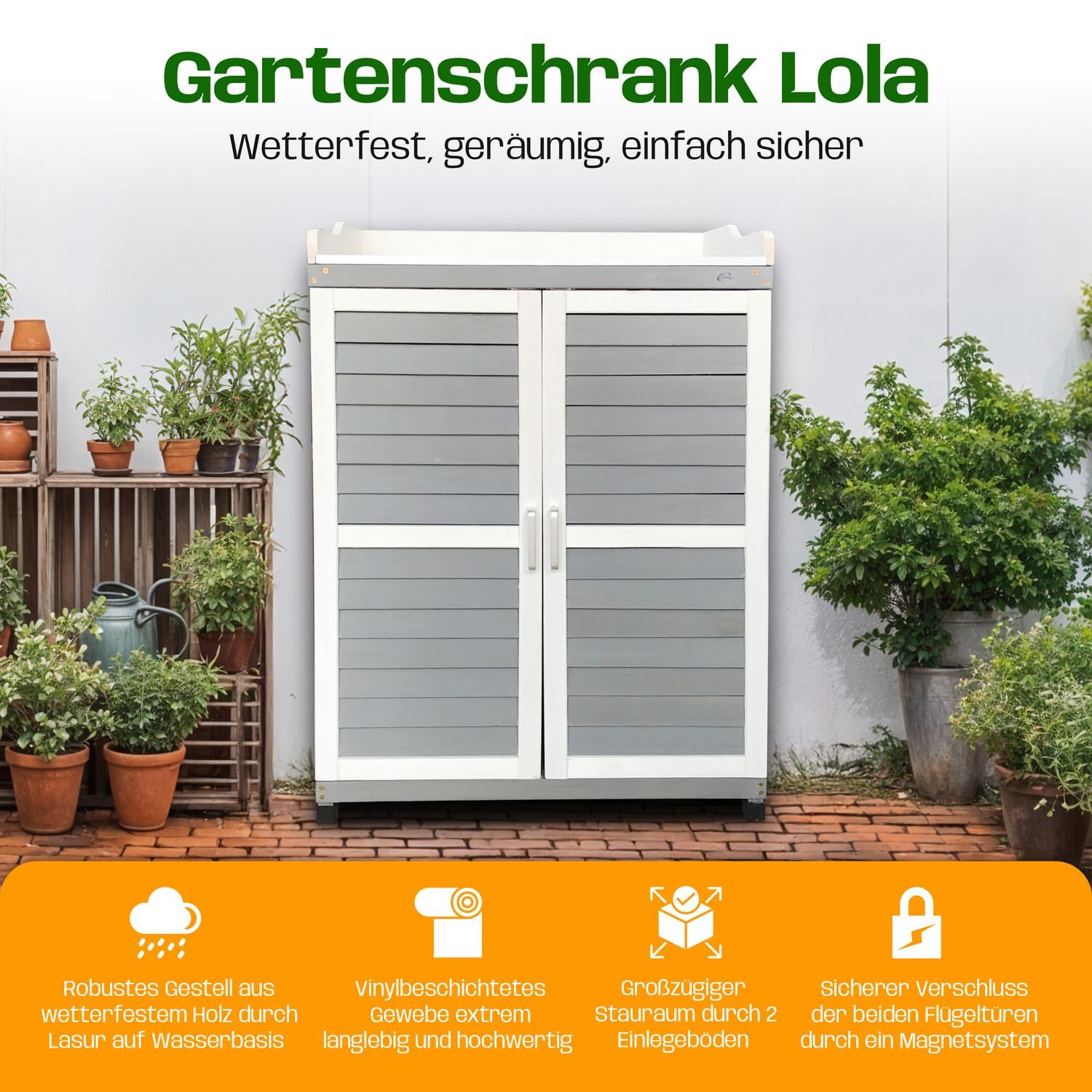 Gartenschrank Lola Grau 67x46x98 cm - Pflanztisch mit Stauraum, Geräteschrank mit verzinkter Arbeitsplatte, aufrollbare Wände, 1 Einlegeboden, Flexibler Schrank für Garten, Balkon & Terrasse