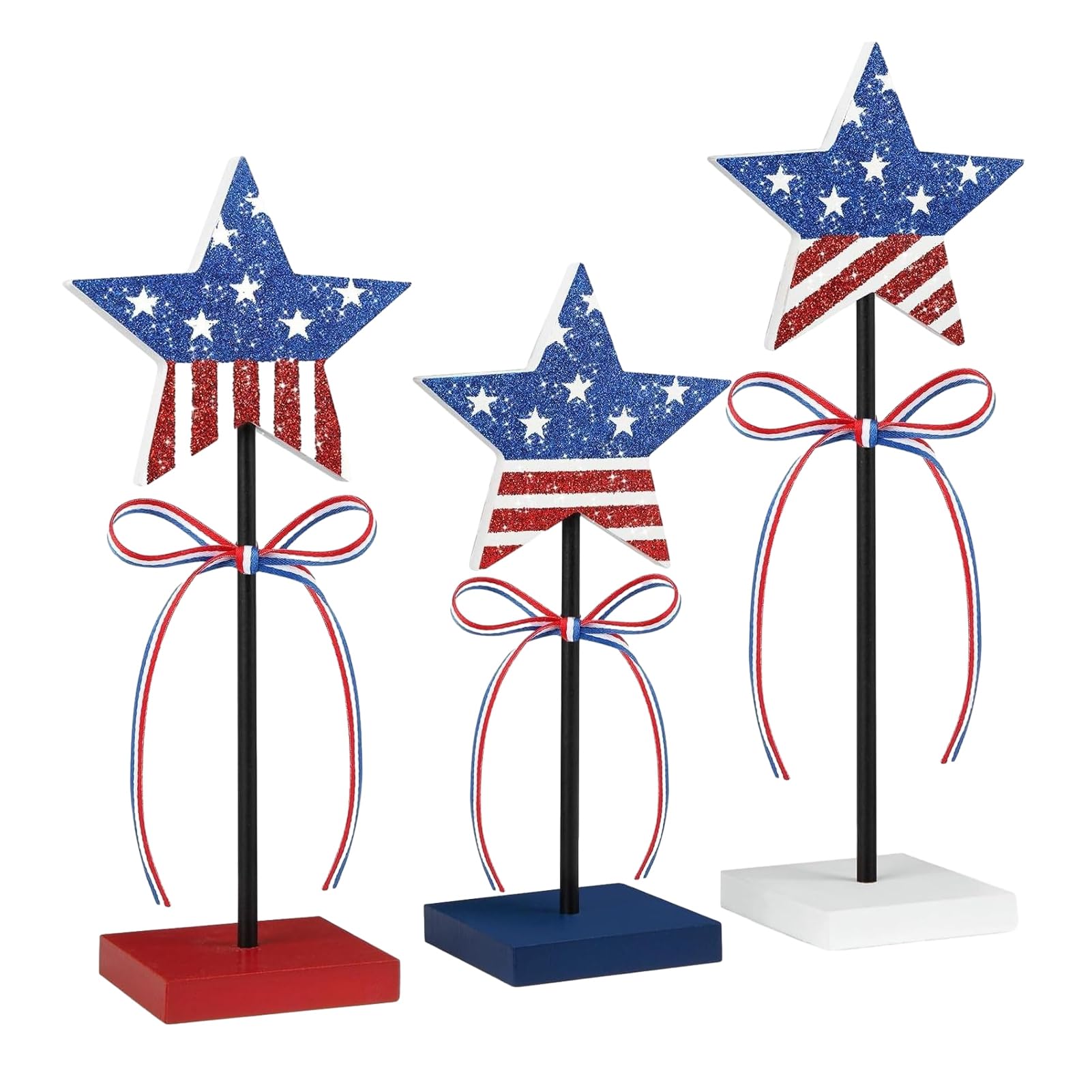 matumou 3 Pcs 4th of July Wooden Star Signs, Red White Blue Glitter Patriotic Star Table Centerpiece for Independence Day, Tiered Tray,