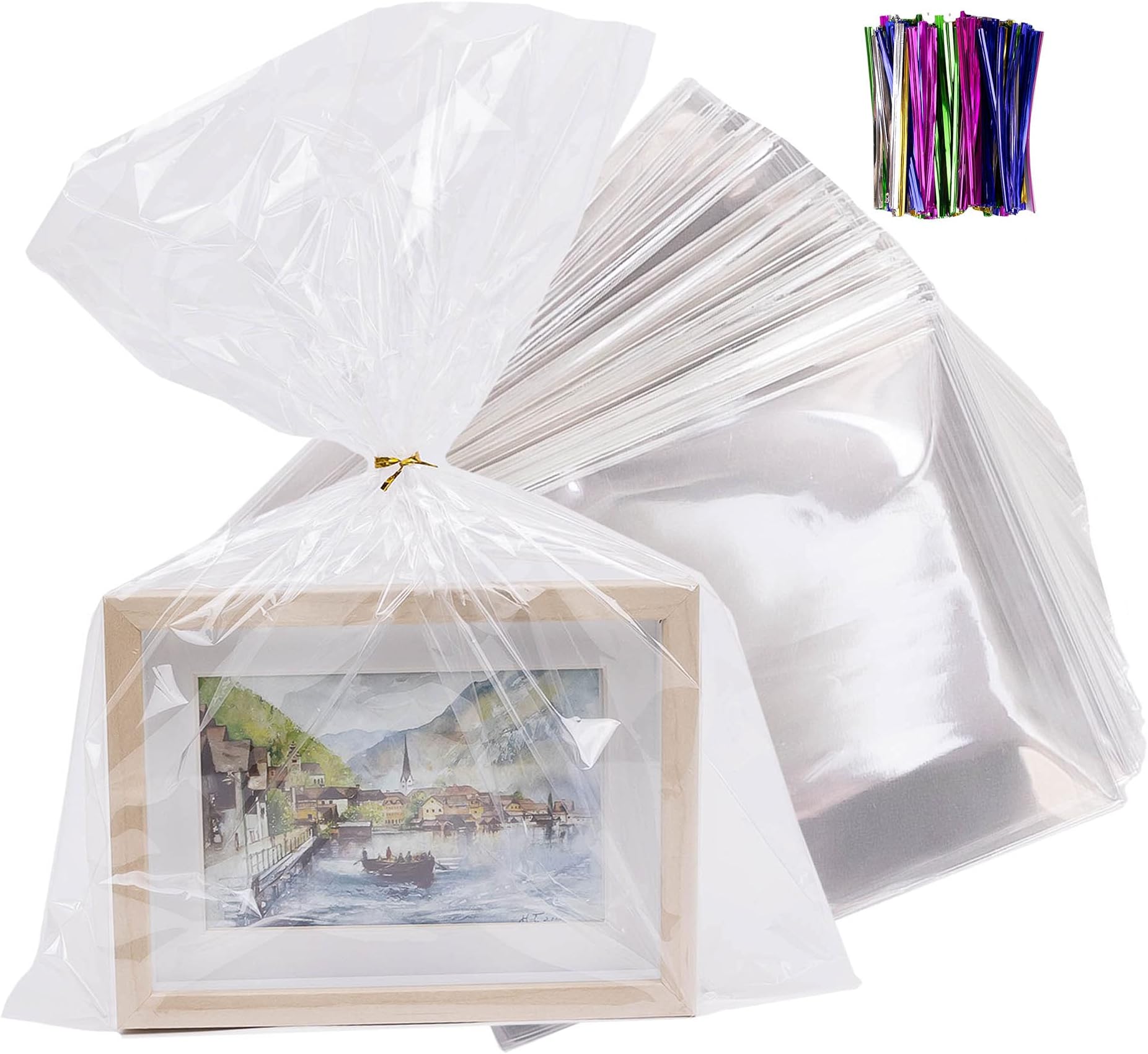 TATTI 100 Pack Clear Plastic Large Cellophane Bags 12x16 With 4inches Twist Ties, Plastic Cello Bags 1.4 mils for Cookies Candy Gift Birthday Party Favor (Pack of 100)