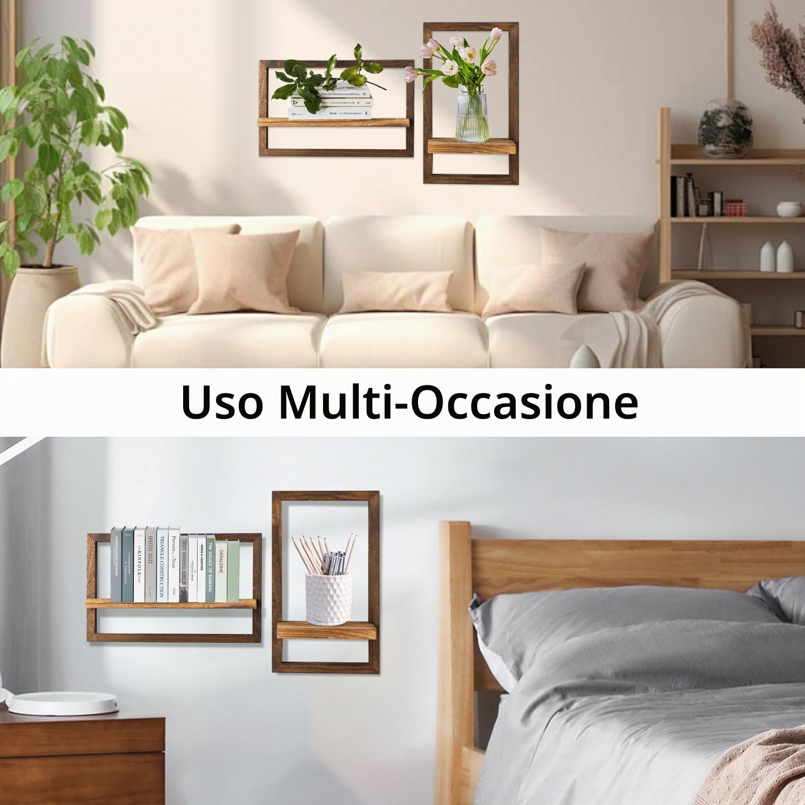 Set 2 Mensole da Muro, Mensole Sospese in Legno Mensola Sospesa da Parete Mensola Quadrata per Soggiorno Decorazione Della Parete per Soggiorno, Studio, Bagno, Cucina (Marrone)