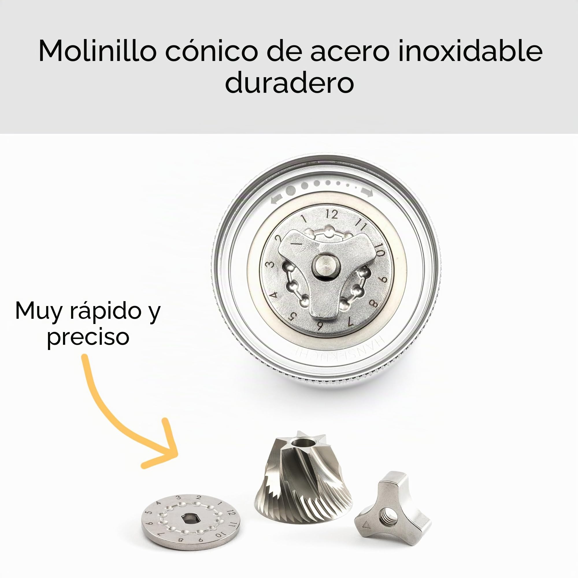 Hanseküche Molinillo de café - Molinillo de café manual con mecanismo de precisión de acero inoxidable y mango de madera - Molinillo cónico para espresso, molinillo de café, acero inoxidable (plata