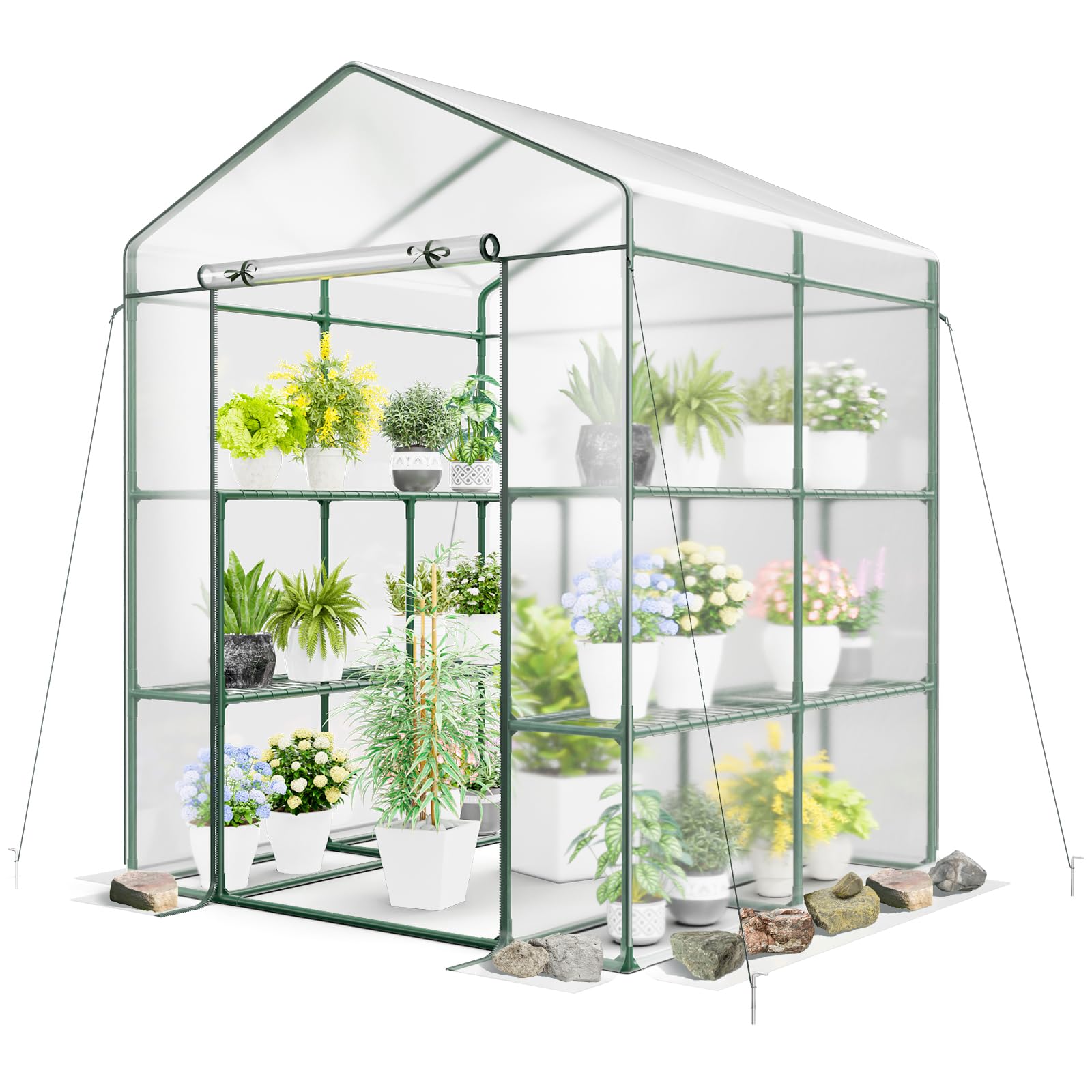 COSTWAY Gewächshaus, begehbares Foliengewächshaus mit 8 Regalen, Tomatenhaus mit PVC-Abdeckung & robustem Metallrahmen, Tomatengewächshaus für Tomaten, Gemüse, Pflanzen, 139 x 144 x 195 cm