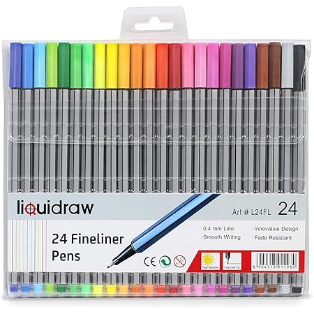 Liquidraw 24 Fineliner Colouring Pens Set Fine Point Pens 0.4mm Assorted Colours, Fineliners Coloured Pens