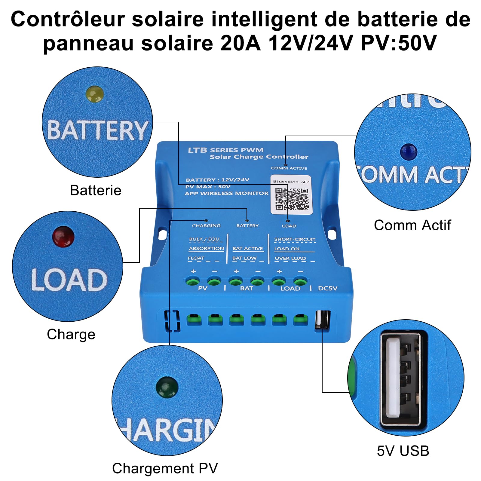 20A 12V/24VP PV:50V PWM Bluetooth Regolatore di Carica Solare Regolatore di carica della Batteria del Pannello Solare Intelligente con porta USB 5V per batterie al piombo-acido LiFePO4 al litio