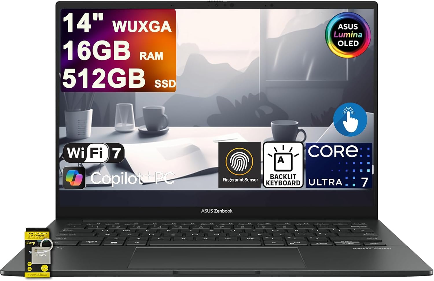 ASUS Zenbook 14 Laptop 14" WUXGA OLED Touch (500nits HDR, 100% DCI-P3) Intel 16-core Ultra 7 255H (Beats Ultra 9 185H) 16GB RAM 512GB SSD for Creator Business Professional Win11 ICP Hub