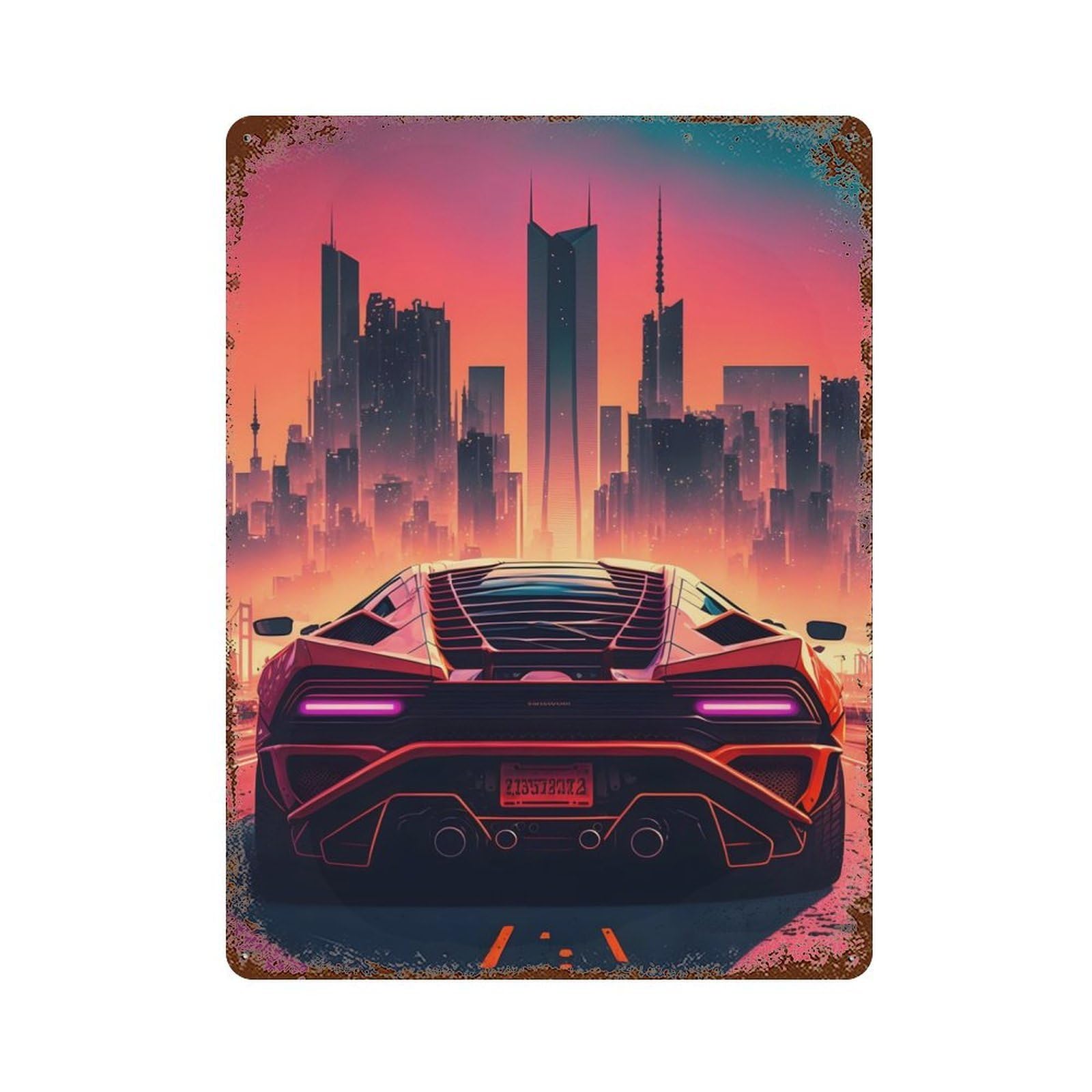Retrowave Sports Car Rusty Metal Tin Sign 15.7"x11.8", for Patio, Garden Room And Bar Decor, Old School Wall Decor