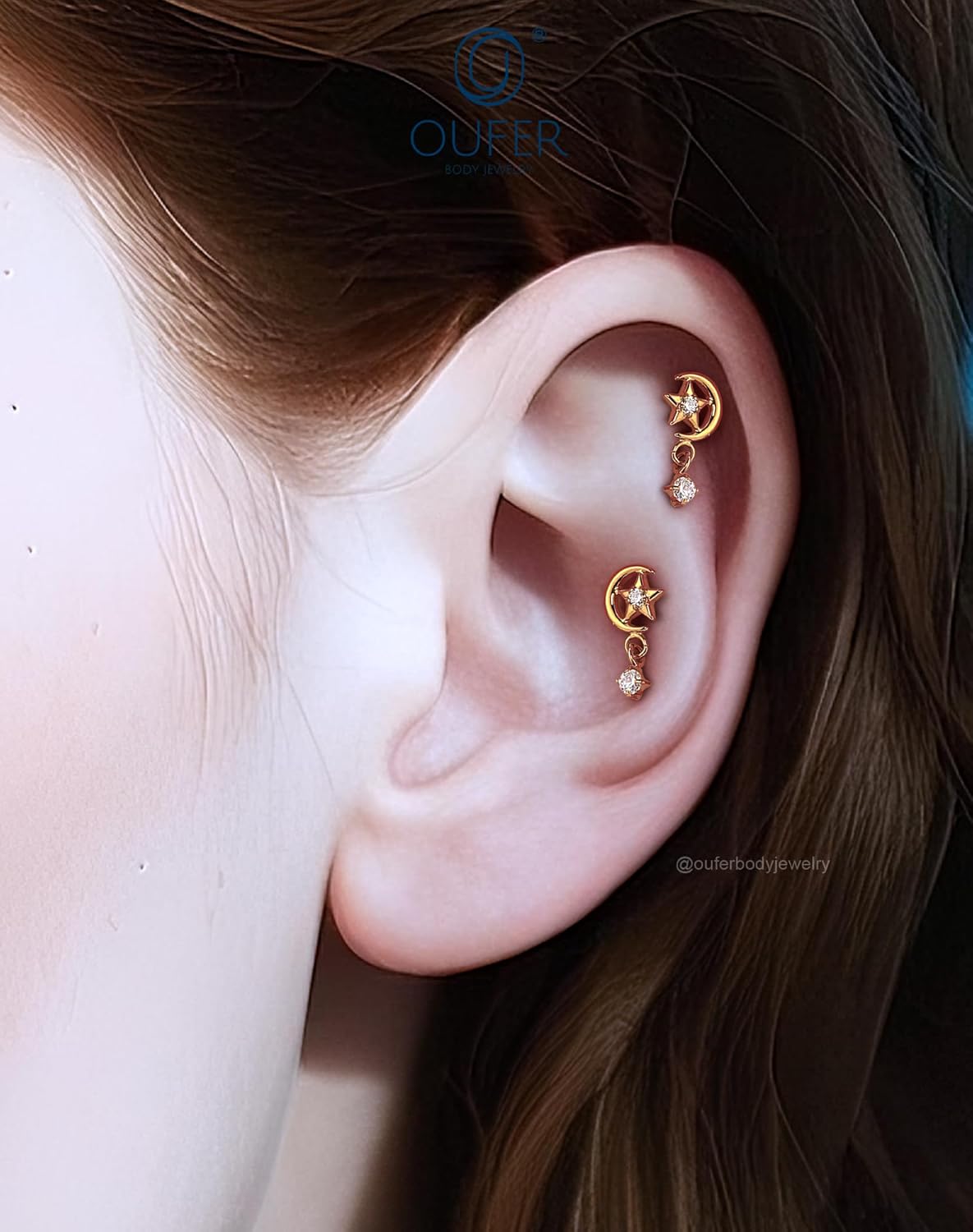 OUFER 18G Gold Helix Piercing Jewelry, G23 Solid Titanium Flat Back Push Pin Forward Helix Earrings, Moon Star Shiny Clear CZ Dangle Labret Lip Cartilage Conch Tragus Piercing Jewelry For Women Men - Image 4
