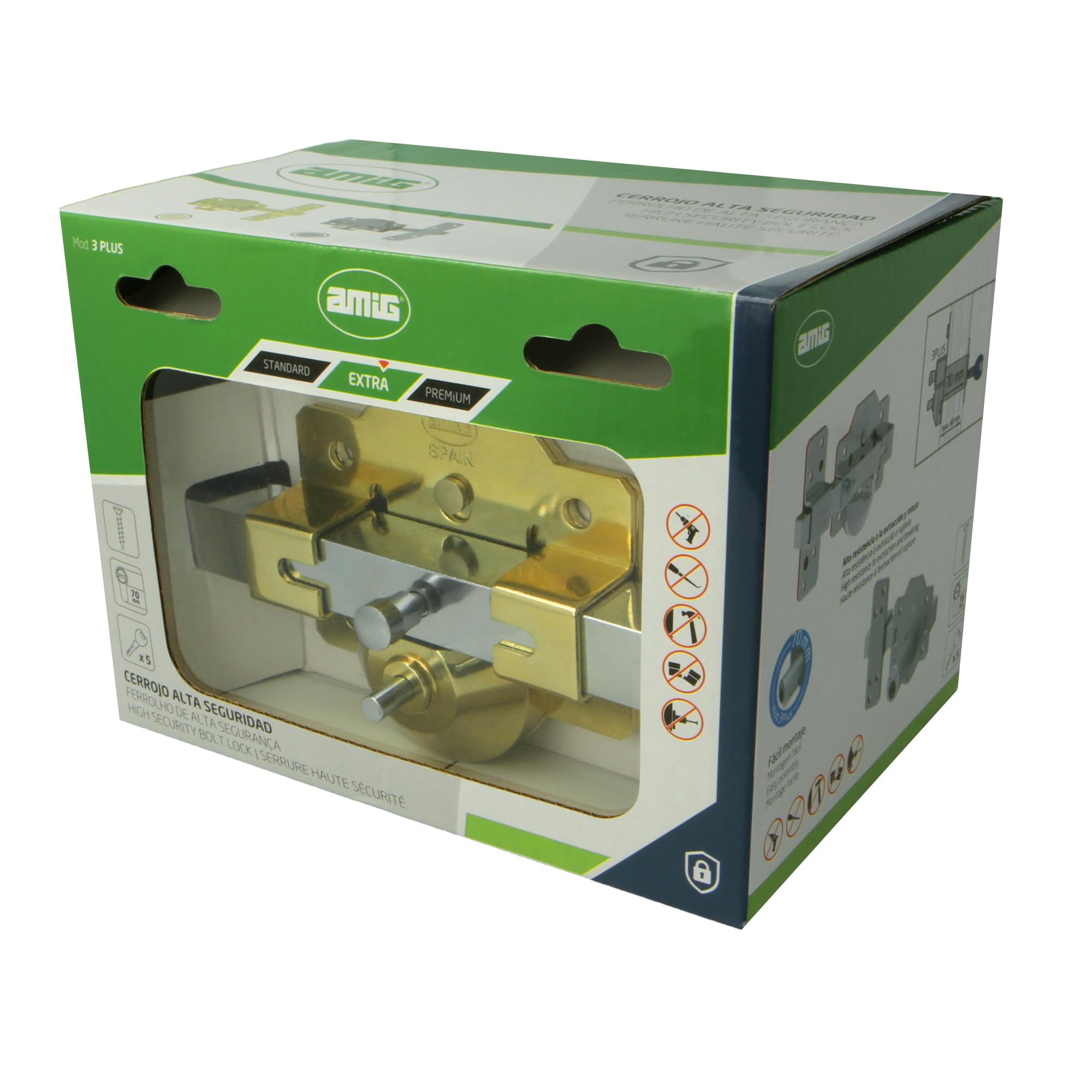 Amig - Cerrojo de Alta Seguridad Modelo 3 PLUS - Acero en Acabado Oro - Protección Antitaladro y Antibumping - Incluye 5 Llaves Codificadas y Tarjeta de Propiedad - 90 x 154 mm