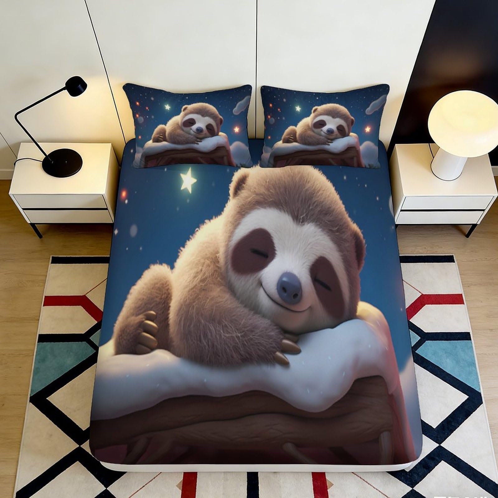 3D Printed Sleeping Sloth Fitted Sheet Microfiber Soft Breathable Night Star Mattress Cover for Bedroom Dorm Decor 140x200x25cm