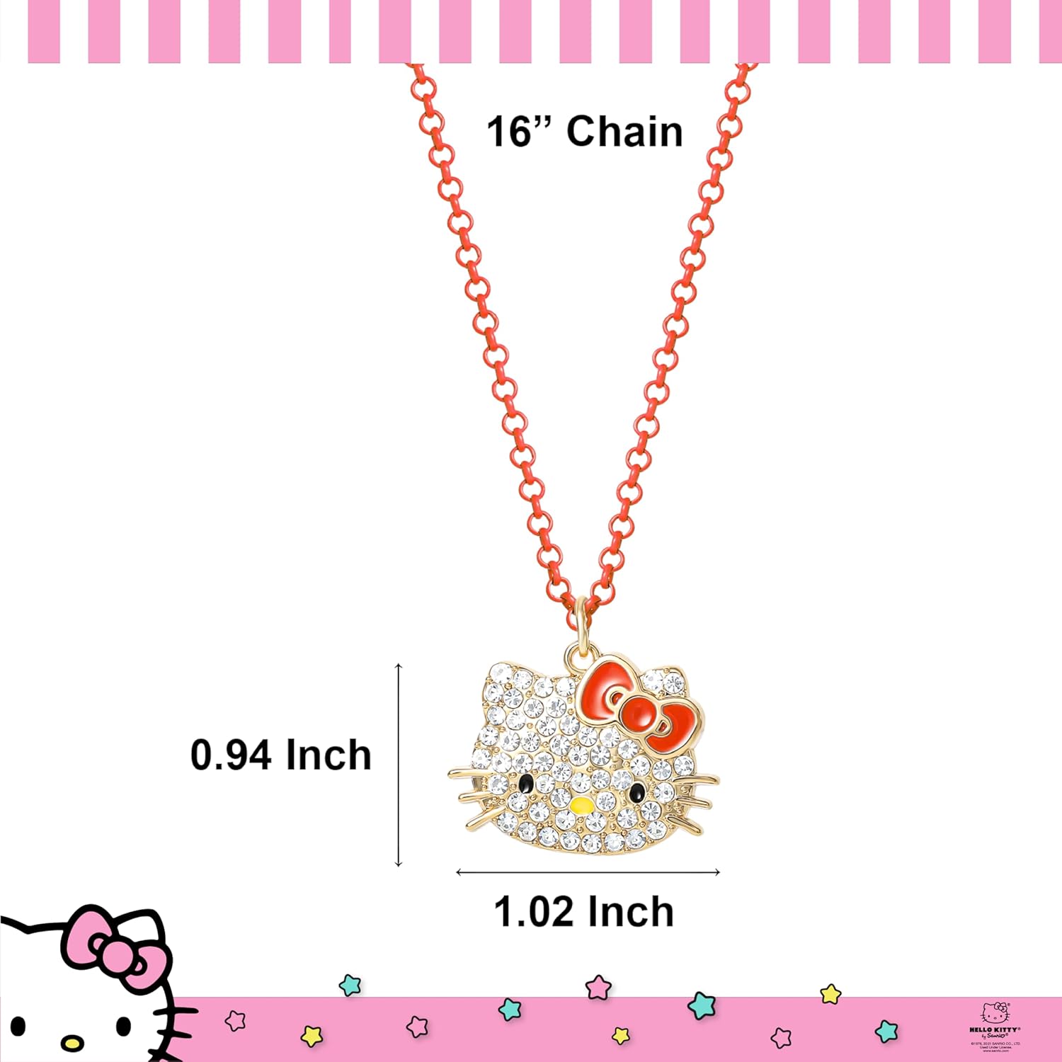 Hello Kitty Sanrio Pave Crystal Pendant Necklace for Women Official License, 16"+3" Sparkly Necklace with Enamel Plating