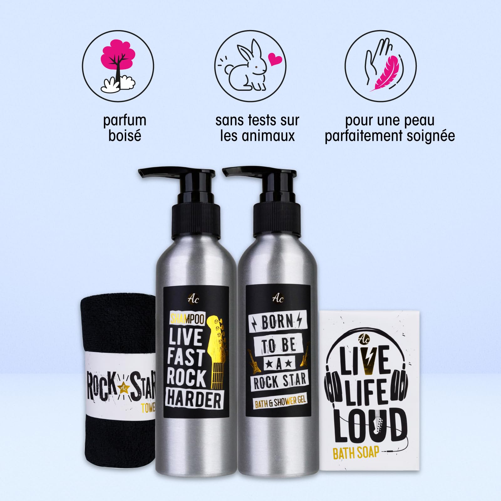 Accentra coffret cadeau homme, set soin corps guitare métallique, gel douche, lotion corps, savon, serviette, parfum bois de santal, idée cadeau originale pour anniversaire, amateurs de musique