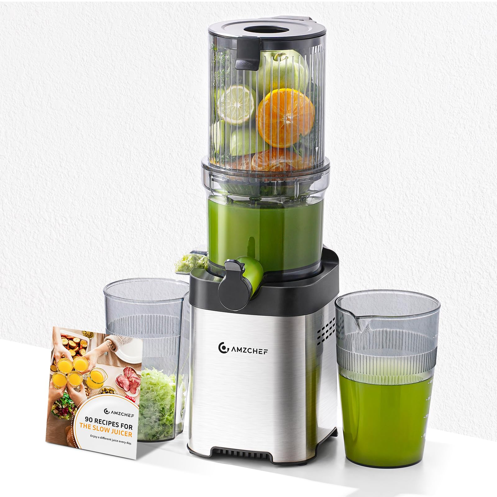 AMZCHEF 120MM Machine a Jus de Fruit Extracteur Entiers - Jus de Fruits et Légumes à Mastication Lente Slow Juicer - Sans Préparation Extracteur de Jus Vertical - Argent