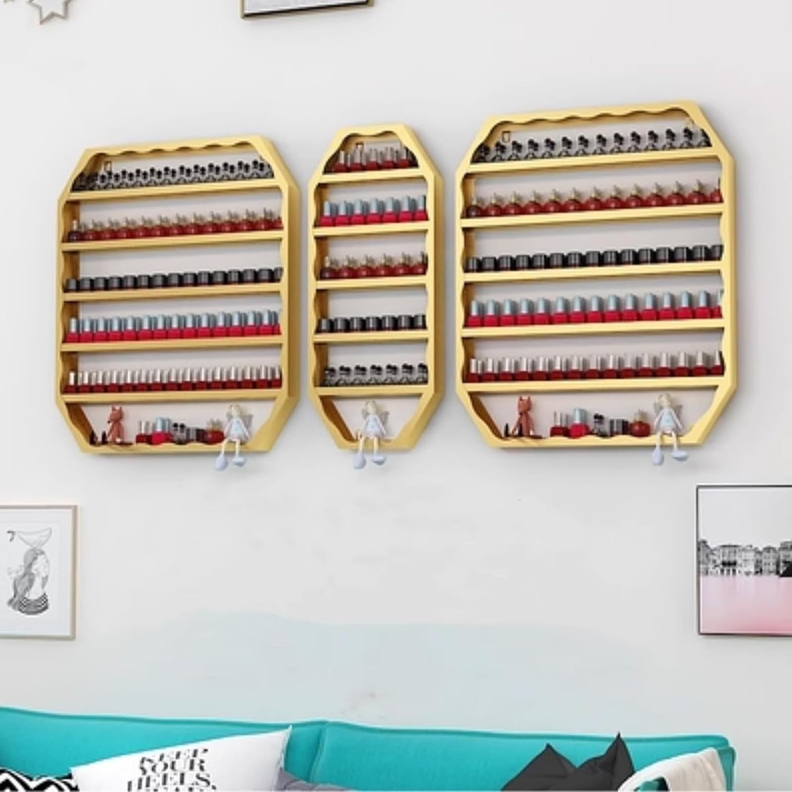 Estante metálico de Pared para esmaltes de uñas y cosméticos, Apto para Uso doméstico, spas, Salones de Belleza y Tiendas. Juego de 3 Piezas.