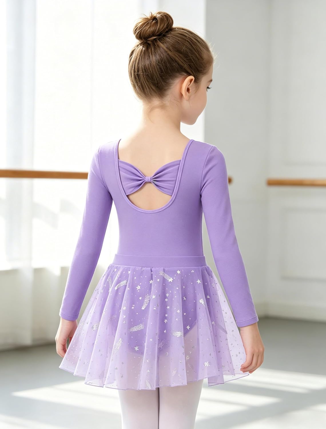 MdnMd Toddler Girl's Ballet Long Sleeve Leotards Dance Tights Skirt Combo Bow Back Star Meteor Dresses Outfit