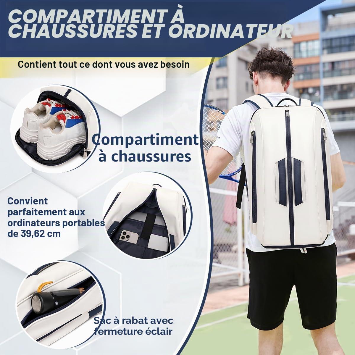 TILDOSAC Tennistasche Schlägertasche für Tennis Padel, Grand Sport Pickleball Sac für Männer Frauen mit Chaussure, Manche pour Ordinateur Portable, fenêtre Crochet, Manche à Balle