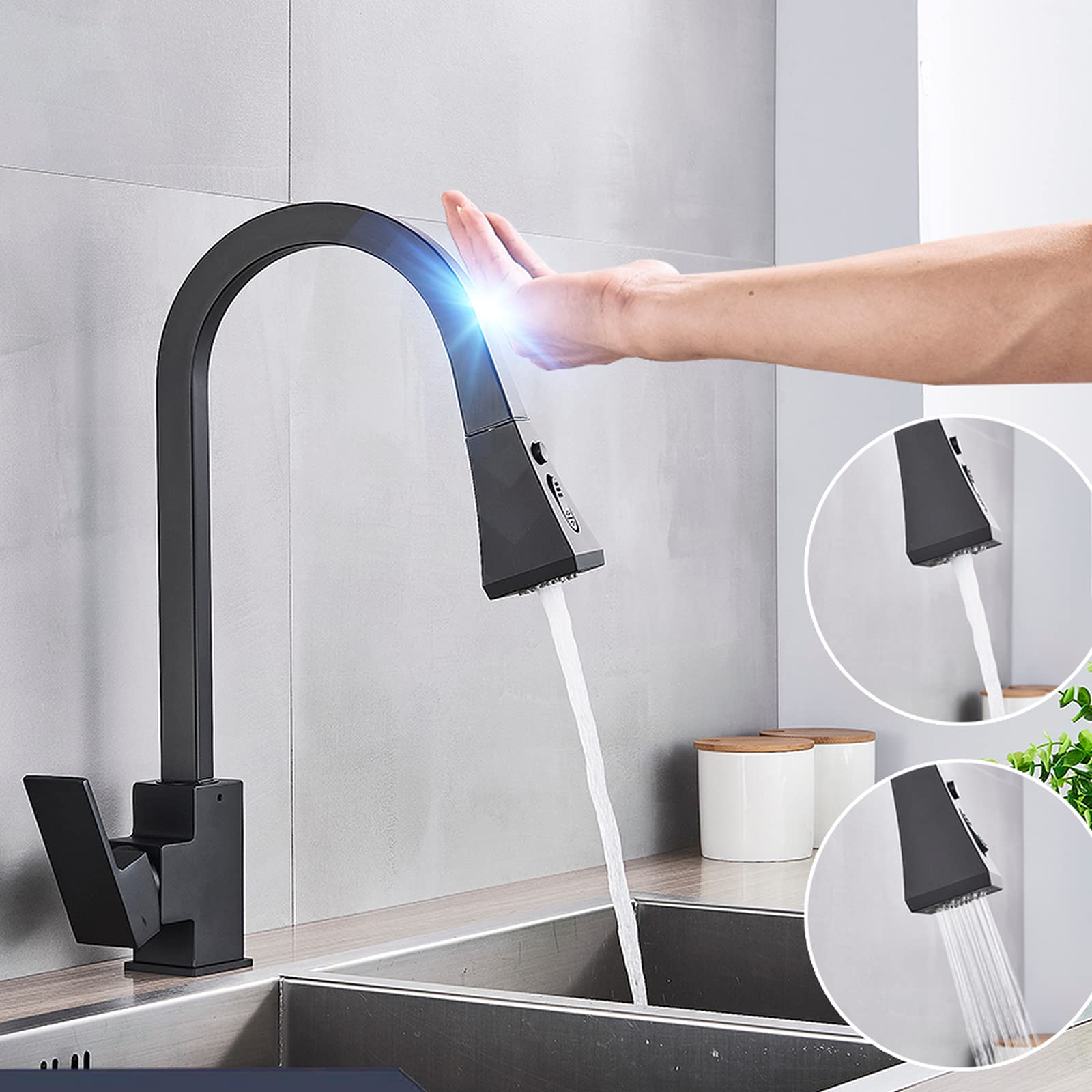 ZYCHSJXA Sensor Kitchen Faucets Black Touch Inductive Sensitive Mixer Water Tap Single Handle Dual Outlet Modes