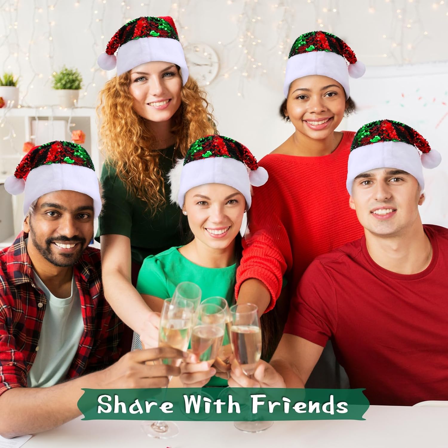 Weihnachtsmannmütze, wendbar, Pailletten, Weihnachtsmütze, für Damen und Herren, Kostüm, Kopfbedeckung, Weihnachtsmannmütze für Weihnachtsfeier, 24 Stück