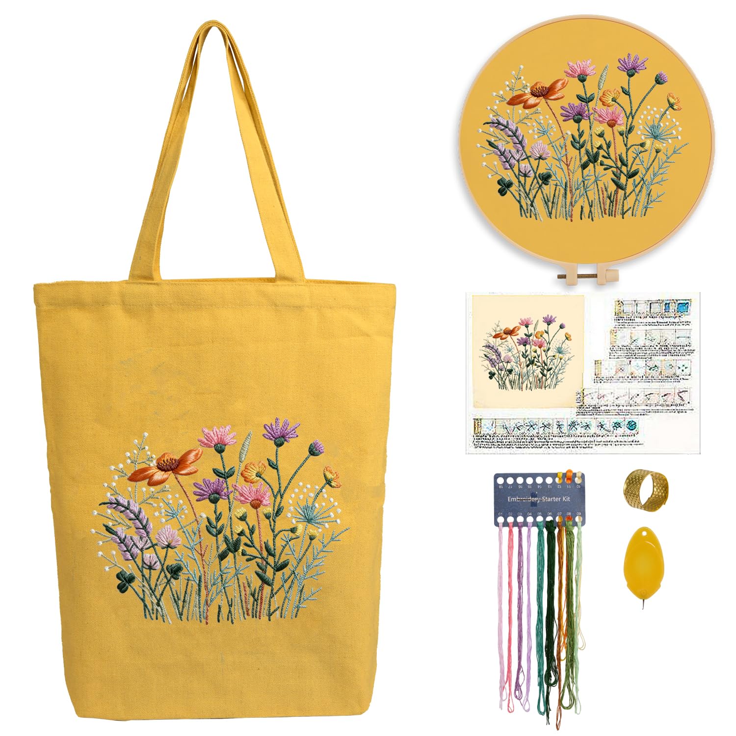 CREAWONDER Hand Embroidery Kits for Bag, Embroidery Kit Bag with Pattern for Beginners, Arts and DIY Embroidery Crafts Kits for Adults, Include Instructions, Embroidery Hoops, Color Threads and Tool