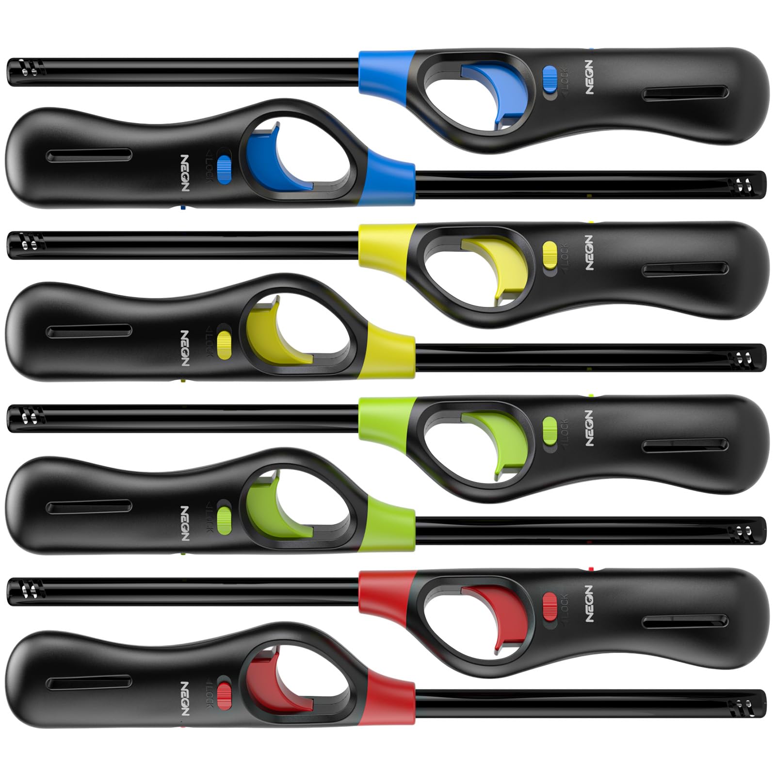 NEON Lighter Refillable Butane Candle Lighter 8 Pack Multi-Purpose Reusable Lighters with Long Metal Wand and Adjustable Soft