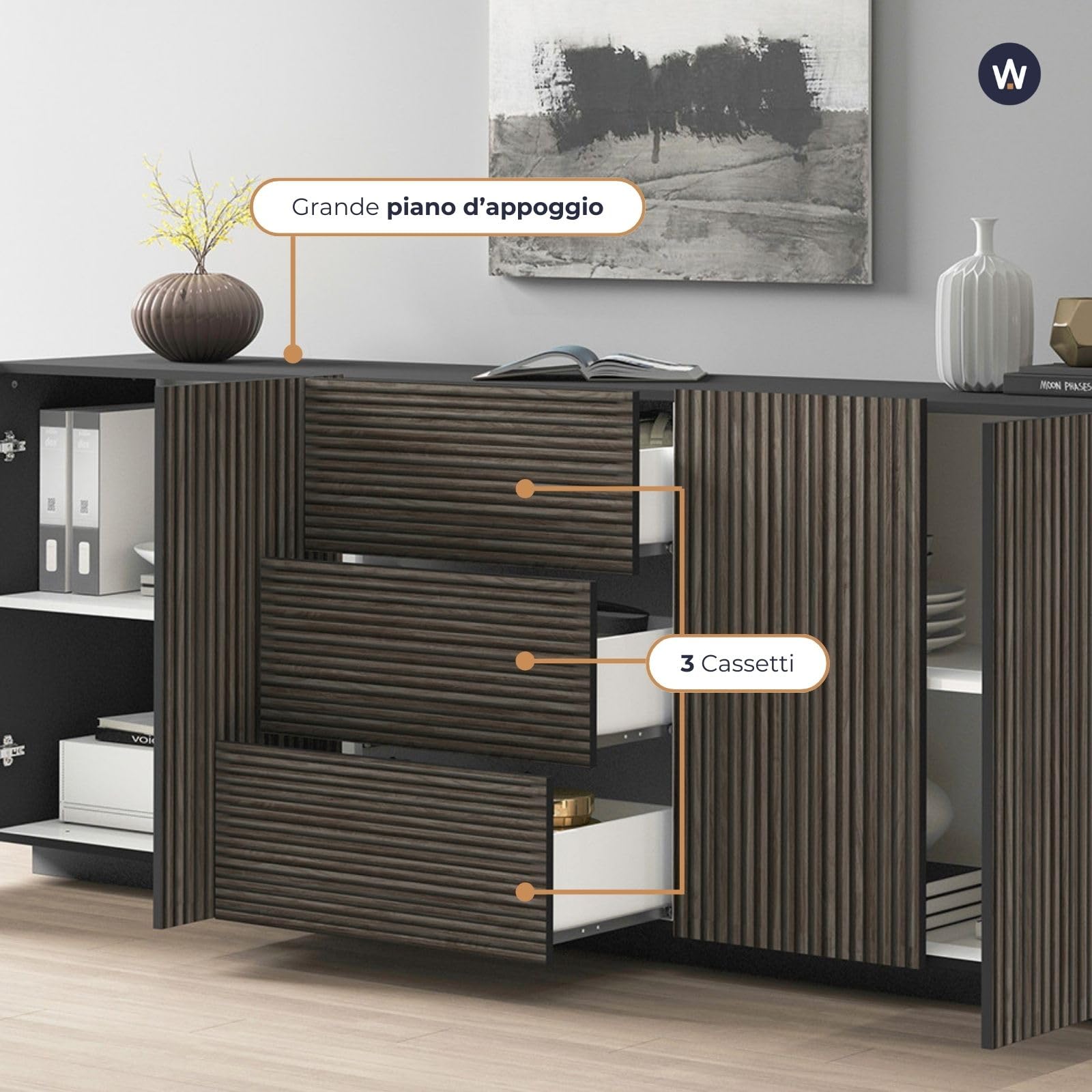 WHOUS Credenza e Buffet COSTE per Soggiorno con 4 Ante e 3 Cassetti, Madia in Stile Canneté per Salotto e Cucina in Legno, 220,1x43x86 cm, Antracite Opaco e Legno Scuro