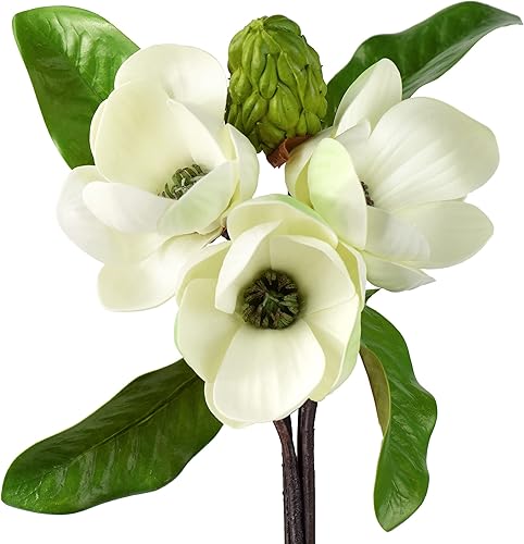 FiveSeasonStuff Purity - Arreglo de flores artificiales de magnolia blanca con 4 tallos, ramo de damas de honor de boda, despedidas de soltera,