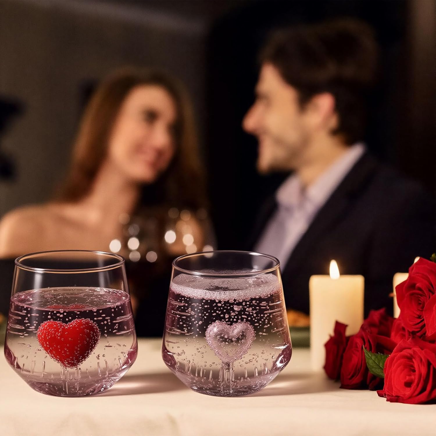 2 Pcs Valentine Stemless Wine Glasses Galentine 3D Heart Drinking Glass Cup 12oz Red Pink Heart Wine Glasses Icon Juice Glass Clear Double Hand Blown Cocktail Glassware for Valentine Party Supplies