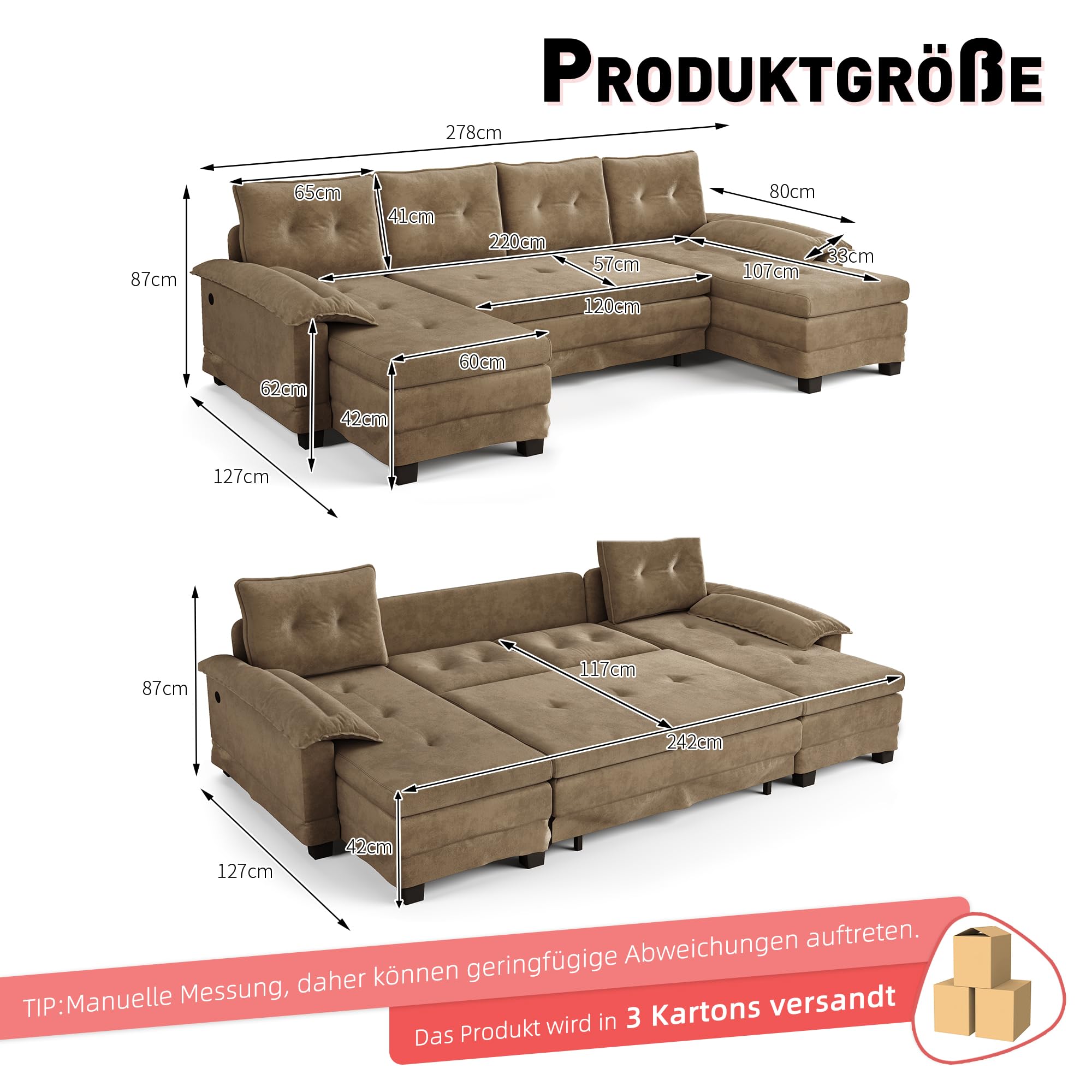 Divano letto a forma di U, 278 cm, trasformabile, con letto estraibile