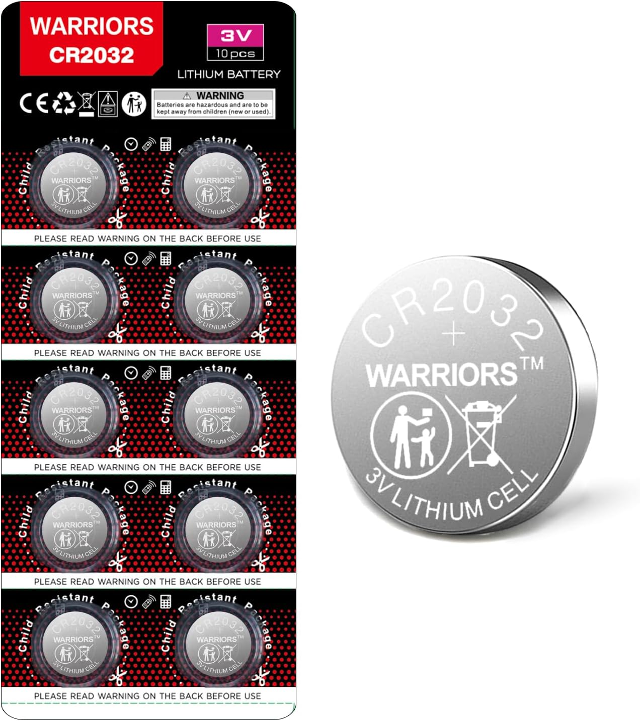 10X 2032 CR2032 Batteries Coin Button Cell 3V 3 Volt Lithium 240mAH Battery Up to 70% Extra Life Child Resistant Safety Package Retail Pack