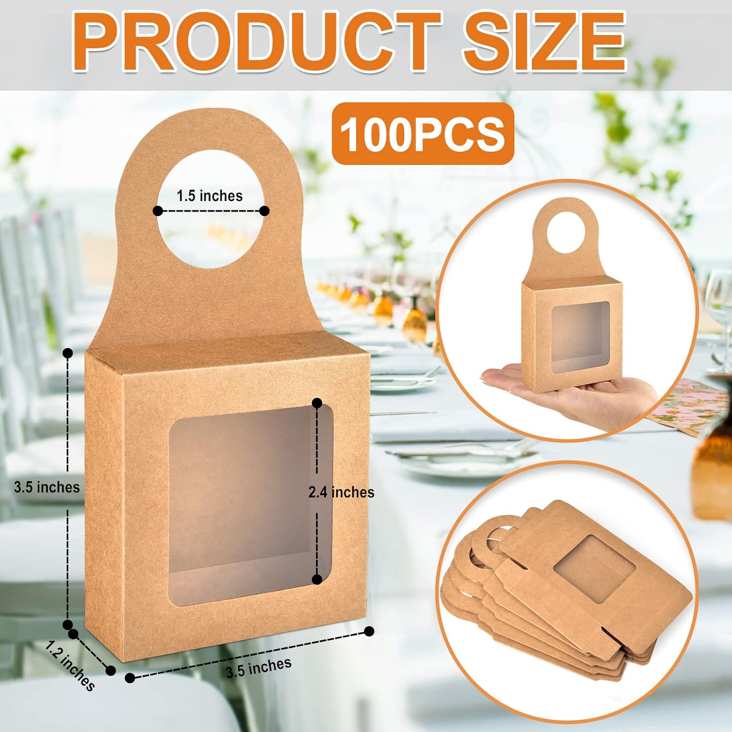 Mototo 100 PCS Kraft Paper Wine Bottle Boxes with Transparent Window Hanger Foldable Wine Bottle Empty Gift Boxes with Hanger for Valentines Christmas Candy Truffles Chocolate Cookies Packing, Kraft