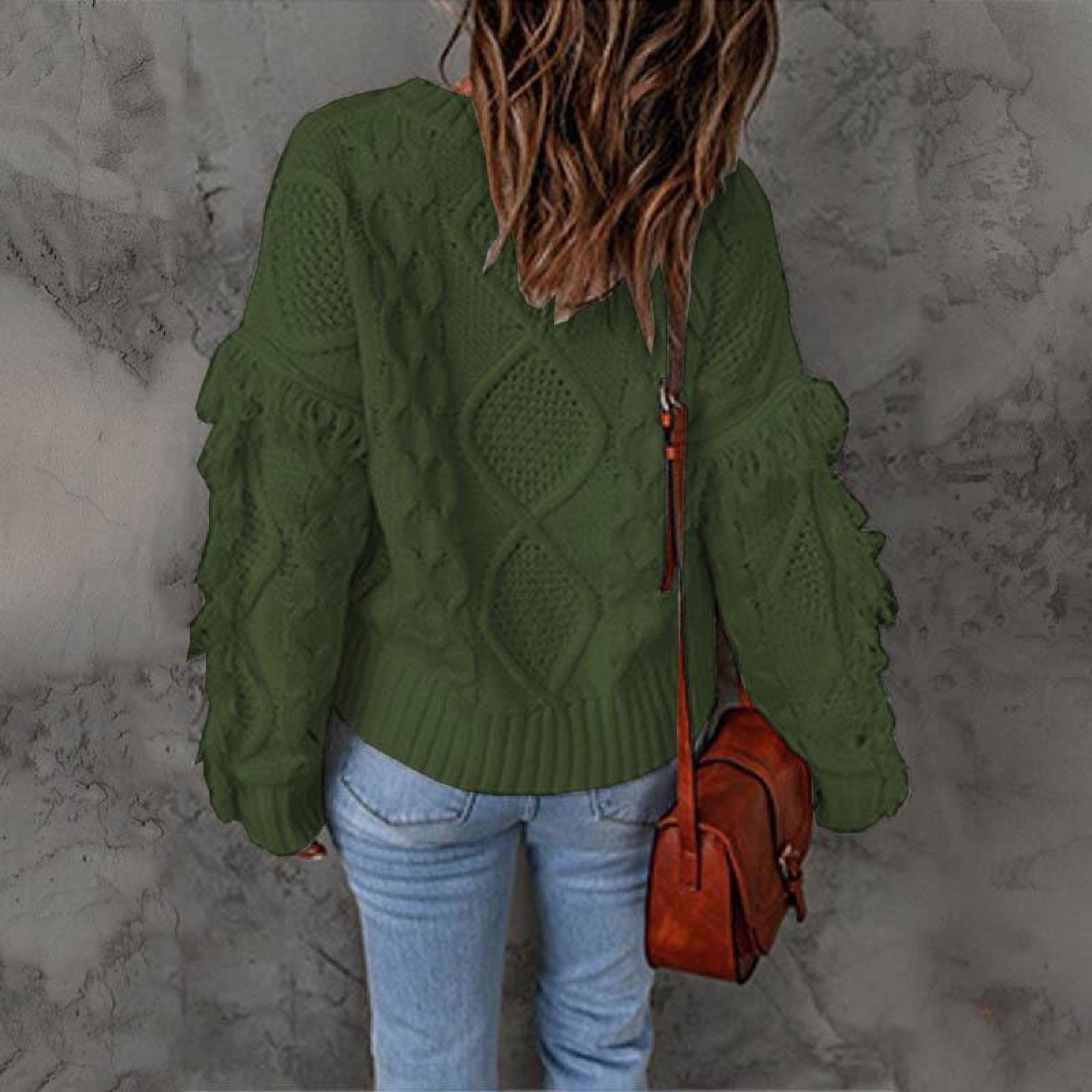 Sweter dla kobiet jesień i zima luźny romb frędzle jednolity kolor sweter okrągły dekolt damski sweter z dzianiny, Wojskowa zieleń, 3XL