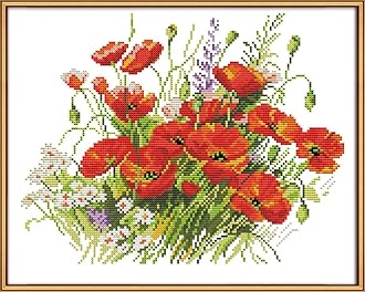 CaptainCrafts Cross Stitch Kits Stamped Cross Stitch Preprinted 14CT Fabric Cross Stitch DIY Art Embroidery Kits (Preprinted 14CT, Flowers are in Full Bloom)
