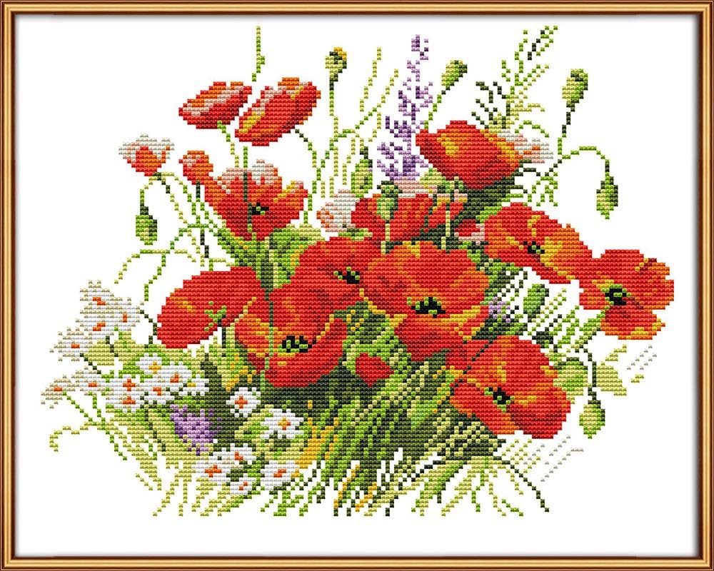 CaptainCrafts Cross Stitch Kits Stamped Cross Stitch Preprinted 14CT Fabric Cross Stitch DIY Art Embroidery Kits (Preprinted 14CT, Flowers are in Full Bloom)