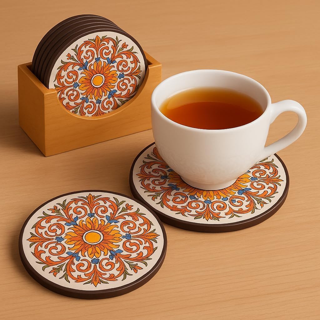 Coaster Set, Tea Coasters Set of 6 for Coffee Mugs & Glasses, Coasters for Dining Table for Hot Pots, Indian Gifts for Foreigners, Wooden Coasters with Stand Bamboo Heat Resistant Pads 4