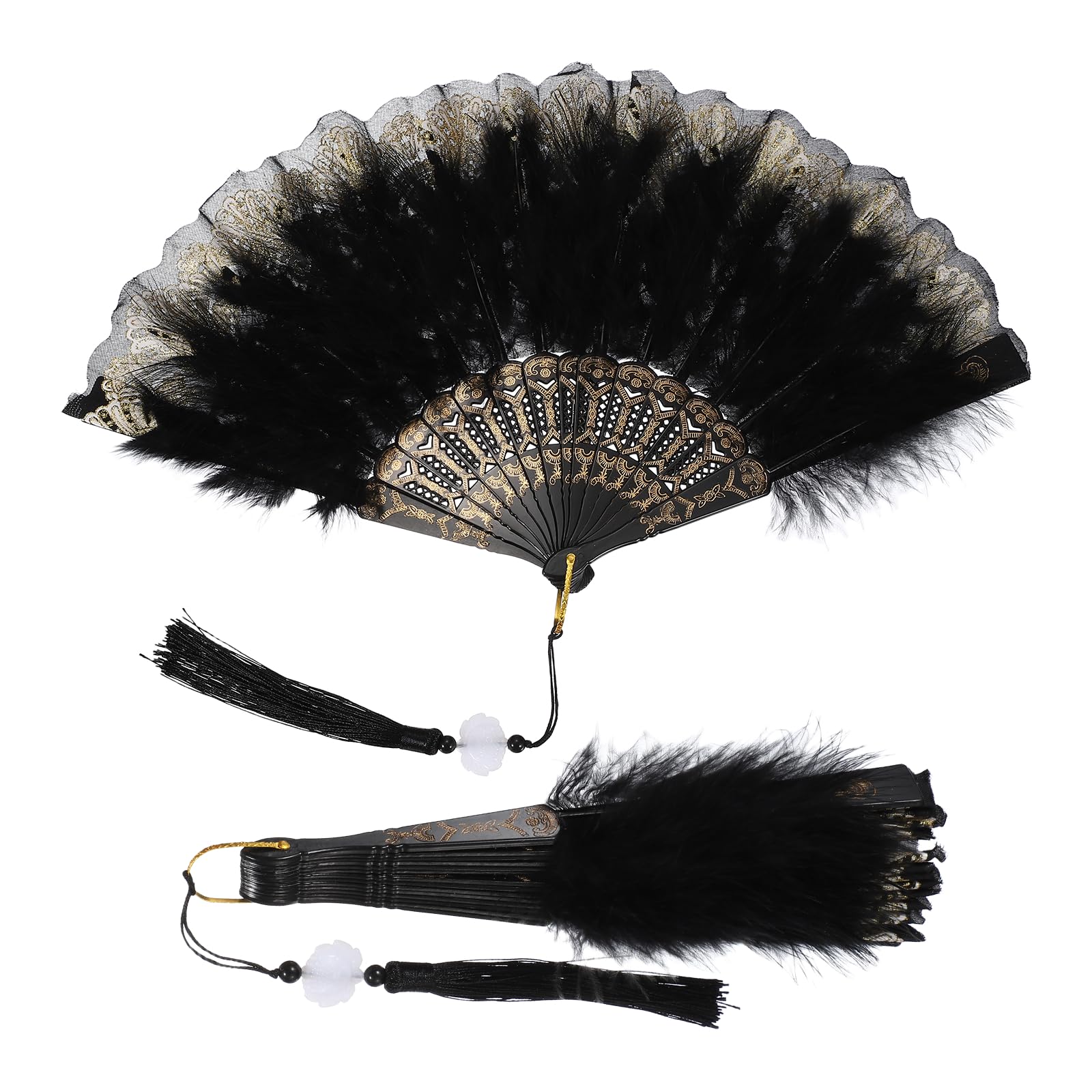 YELARXI Feather Hand Fan, Embroidered Flower Marabou Feather Fans, 20s Vintage Folding Fan Flapper -Fit For (Wedding/Dance Performance/Costume Dancing Show/Gift) 9" & 2Pcs & Black