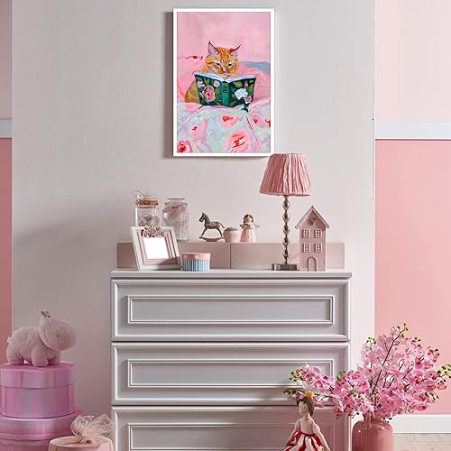 Miniatura 7 de Pósteres de moda de gato naranja lindo minimalista con flores rosadas para mascotas, arte de pared divertido y divertido gato está leyendo, pintura
