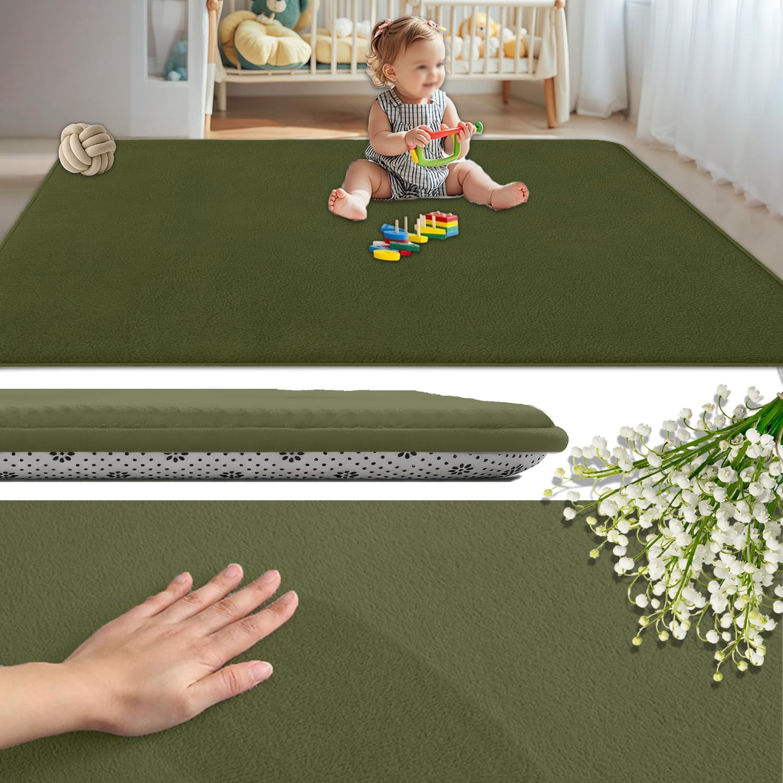 Coral Velvet Baby Play Mat 2CM Thick, Non-Slip Backing Playmat for Floor Playroom Bedroom Yoga Mat 100 x 150 cm Large Memory Foam Area Rugs for Crawling Soft Play Tummy Time Activity Army Green