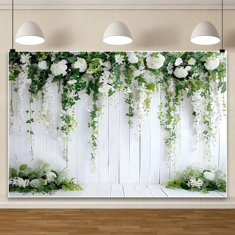 Fleur Blanche Toile de Fond de Mariage 3x2.5m Planche Blanche rétro avec Feuilles Vertes Fond de Douche Nuptiale Florale bébé Fille fête d'anniversaire Portrait gâteau décor de Table