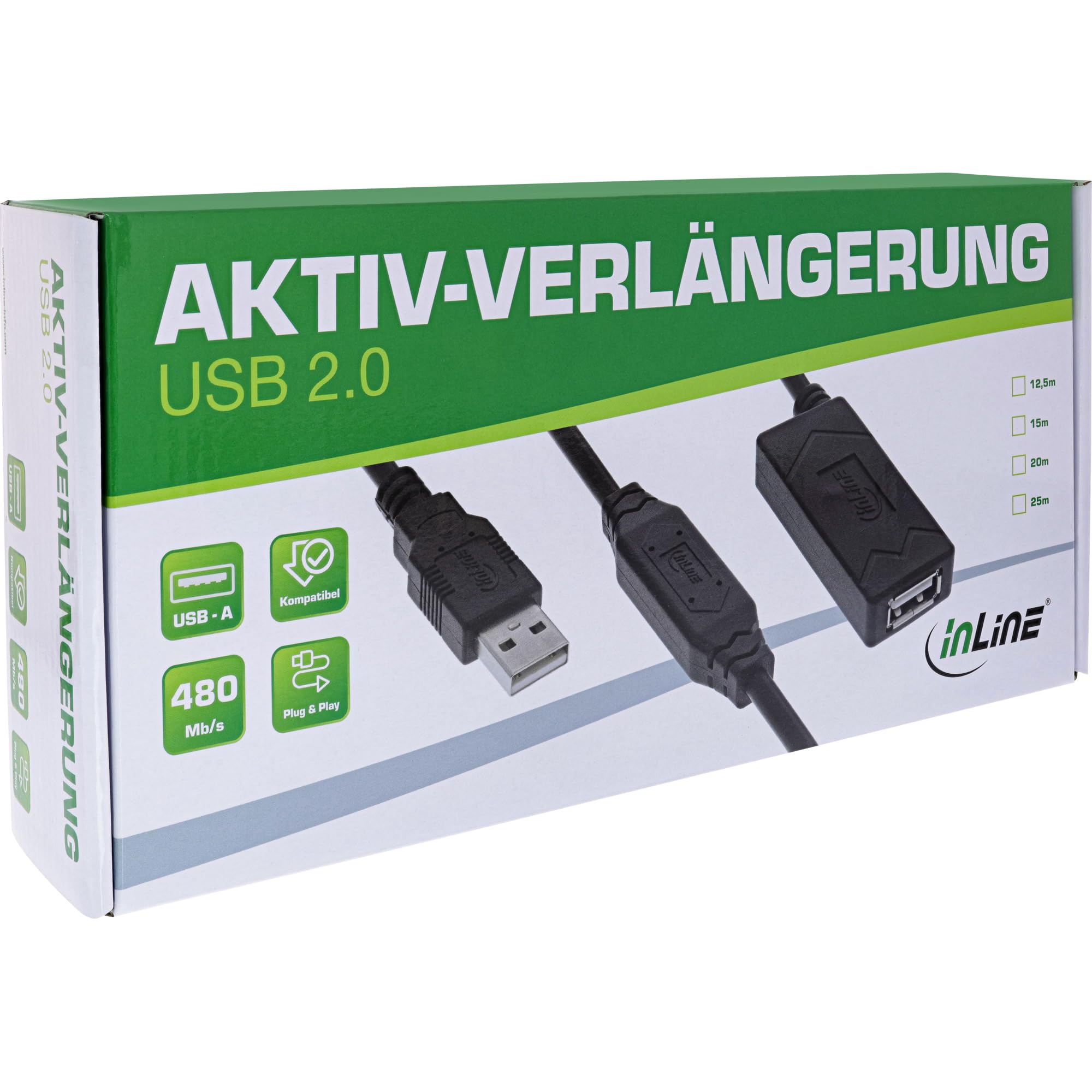 InLine USB 2.0 Aktiv-Verlängerung mit Signalverstärkung, USB-A Stecker/Buchse, Druckerkabel Verlängerung, 20m, 34613A