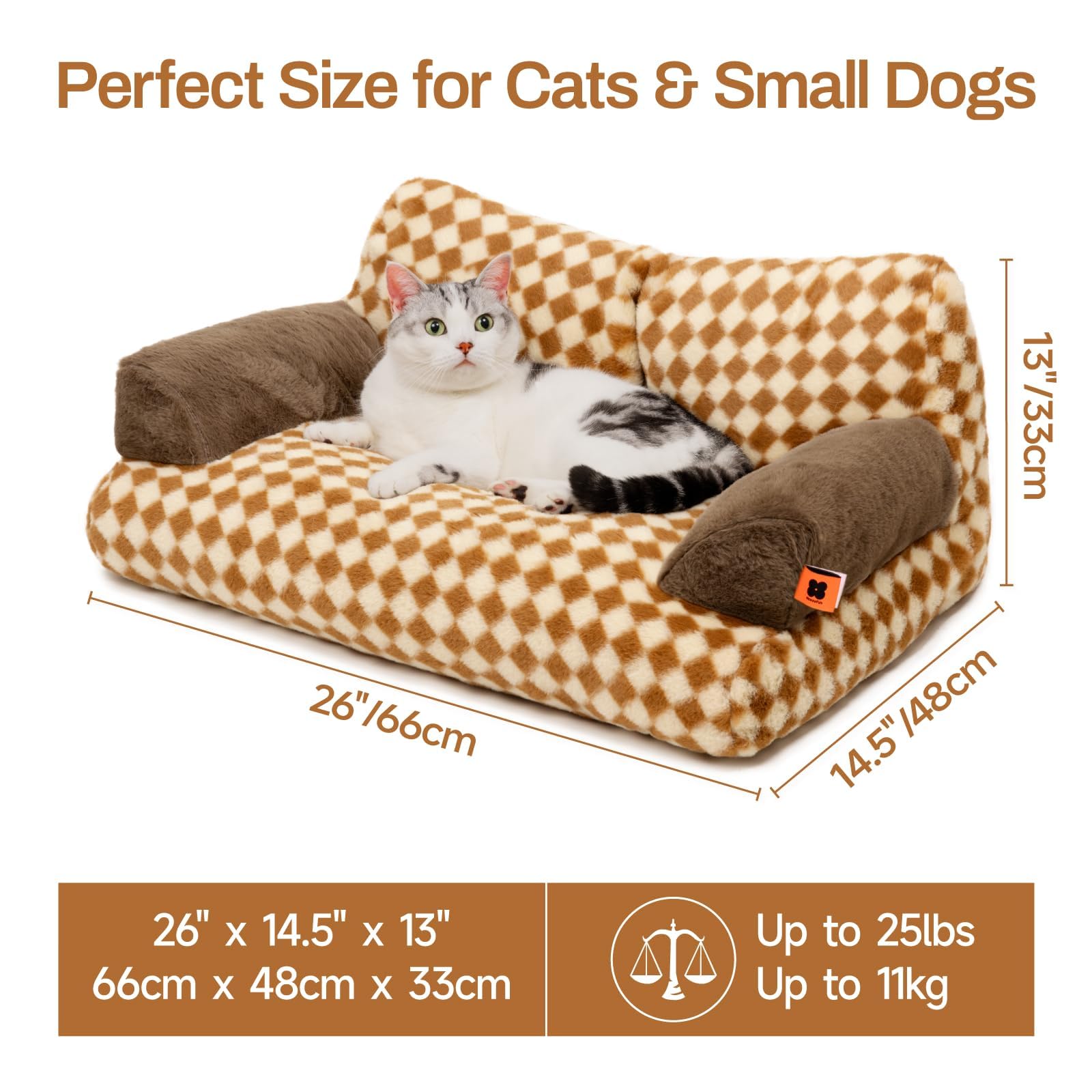 MEWOOFUN Elegante cama para gatos de interior grande, mullida y suave, bonito sofá cama para perros y gatos con parte inferior antideslizante, 66 x 48 cm, Marrón