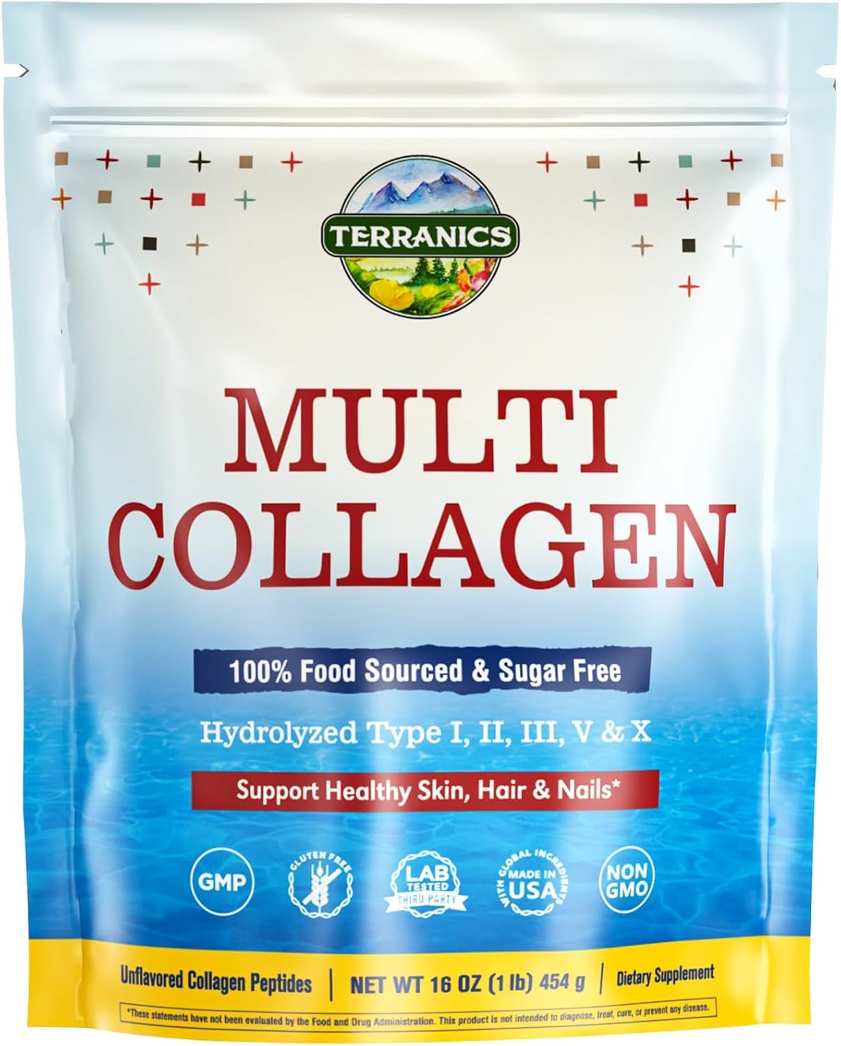 Terranics Multi Collagen Peptides Powder, 1lb, 20g Per Serving, Hydrolyzed Collagen Type I II III V X, Bovine Marine Chicken & Eggshell, No Sugar, Keto, Beauty & Movements Support, Unflavored, 16oz