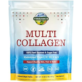 Terranics Multi Collagen Peptides Powder, 1lb, 20g Per Serving, Hydrolyzed Collagen Type I II III V X, Bovine Marine Chicken & Eggshell, No Sugar, Keto, Beauty & Movements Support, Unflavored, 16oz - Amazon product rated Grade A
