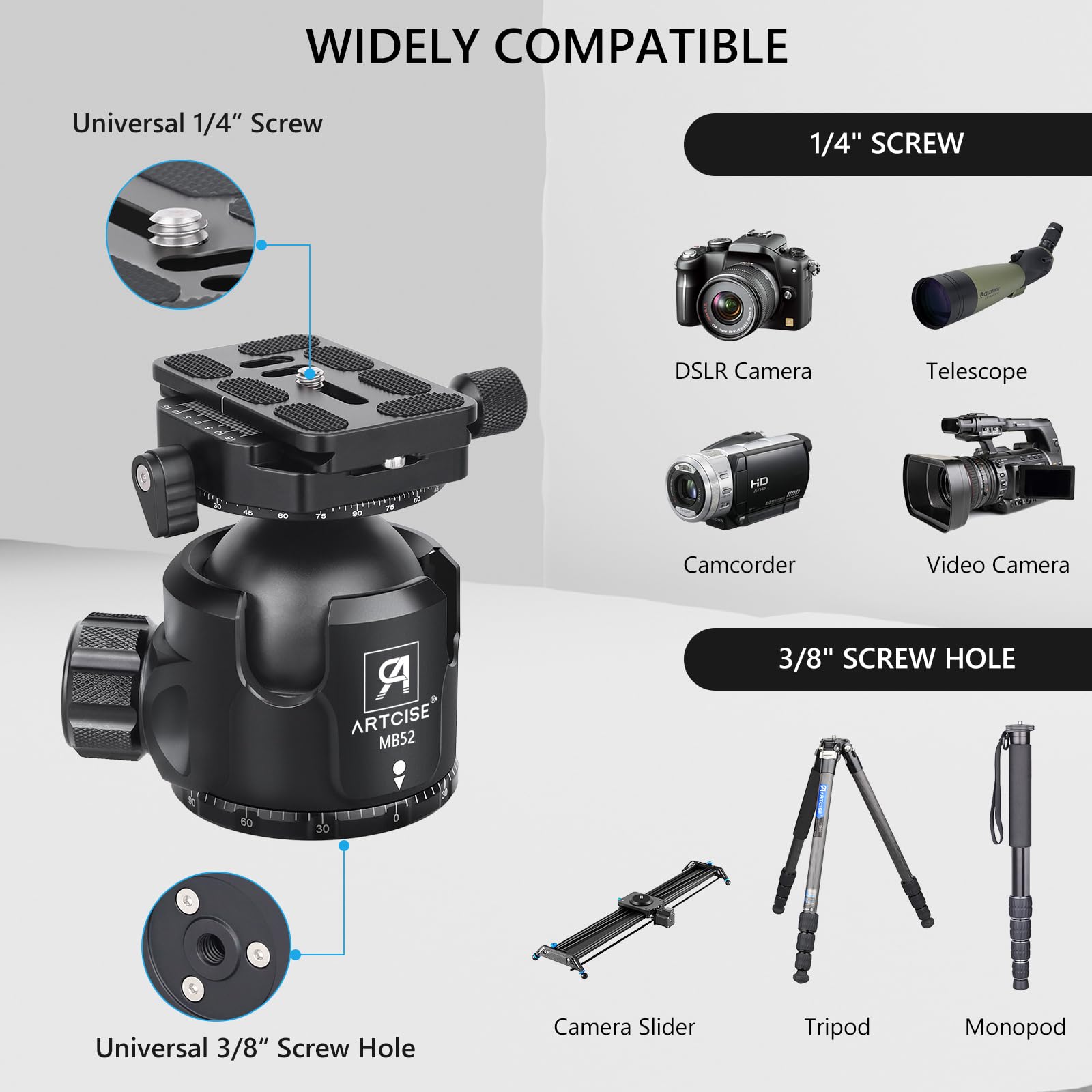 ARTCISE Testa a sfera a basso profilo, MB52B Testa per treppiede da 52 mm con 2 pezzi da 1/4" Arca Swiss Piastra a sgancio rapido per treppiede, monopiede, fotocamere, DSLR, carico massimo 30 kg