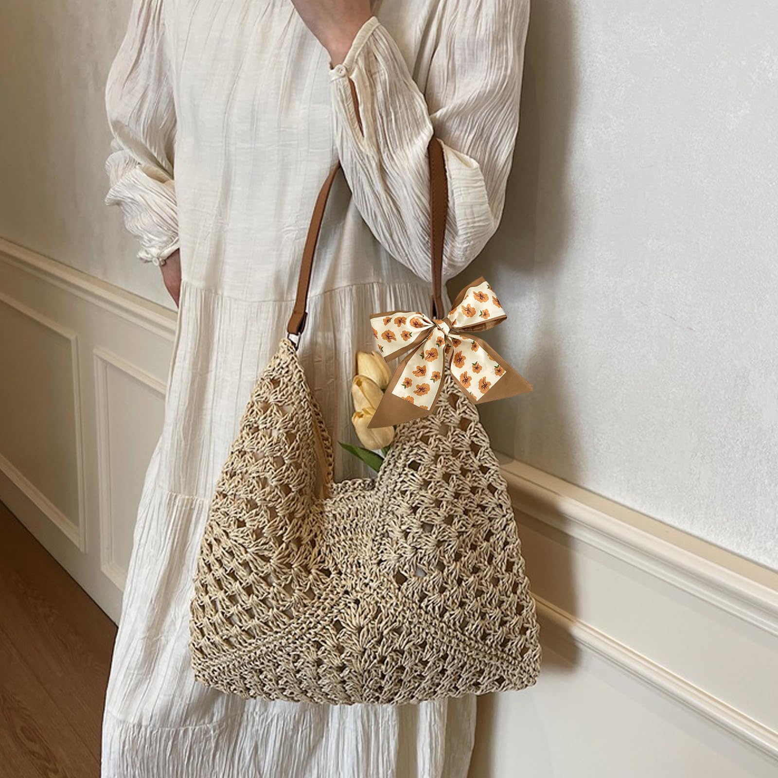 Bolsos de Paja Mujer Verano, Elegante Bolso de Mano Bohemio, Práctico Bolso de Hombro Rafia para Mujer, Bolsos Tejidos Crochet, Tote Bag Para Viaje Fiesta Vacaciones (Beige)