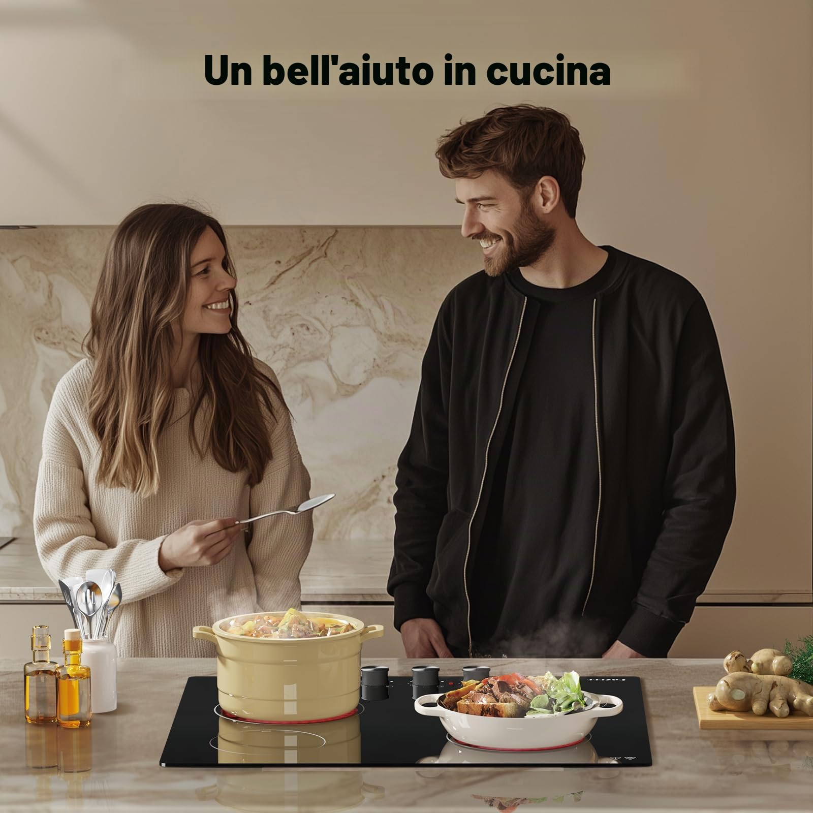Piastra in vetroceramica da 60 cm, 4 zone di cottura, da incasso, elettrica, autosufficiente, senza cornice, timer, controllo a pulsante, 8 livelli, 6000 W, adatto per la maggior parte delle